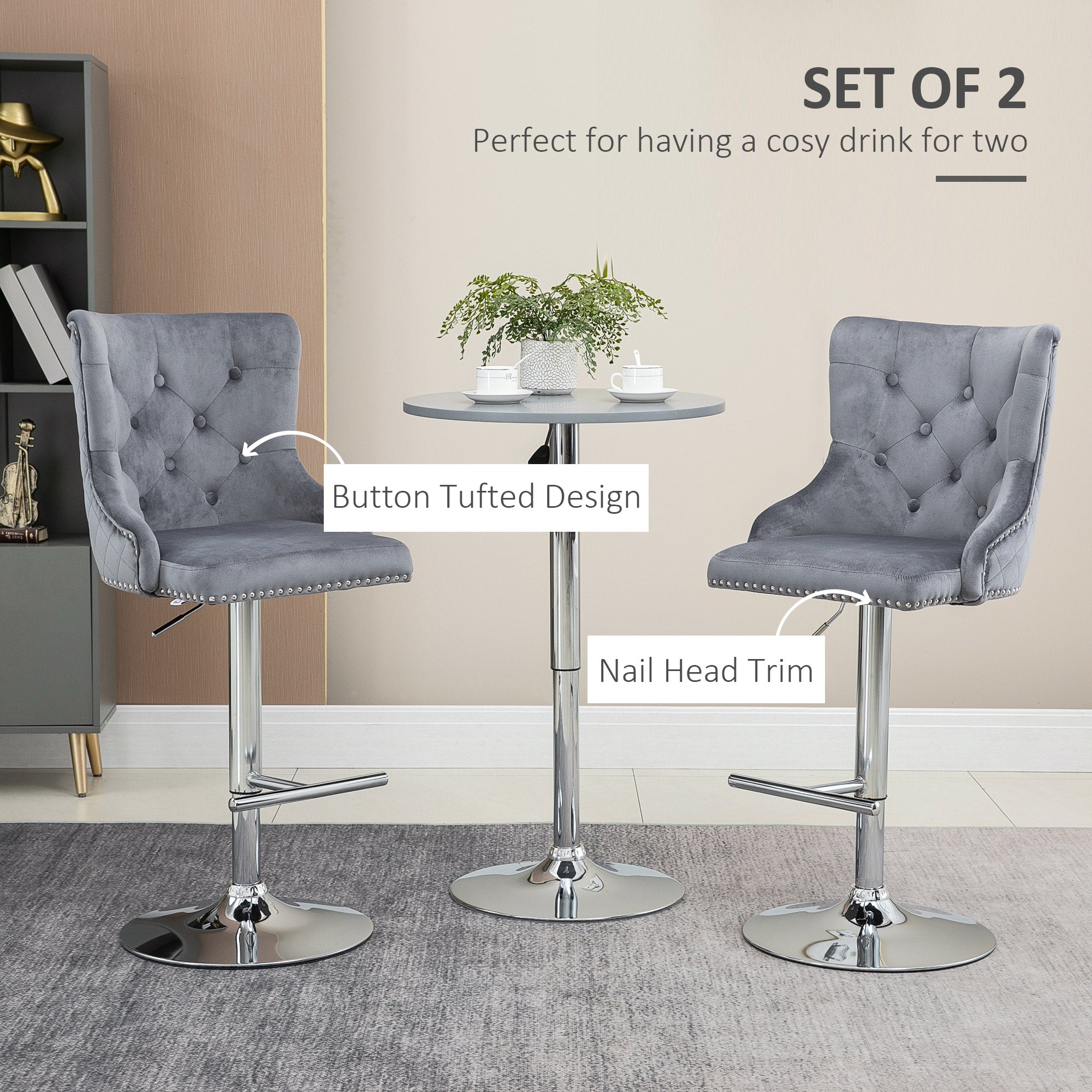 HOMCOM Modern Adjustable Bar Stools Set of 2, Swivel Velvet Barstools with Button Tufted Back, Footrest, Nailhead Trim for Home Bar, Grey - North Peak Garden Furniture