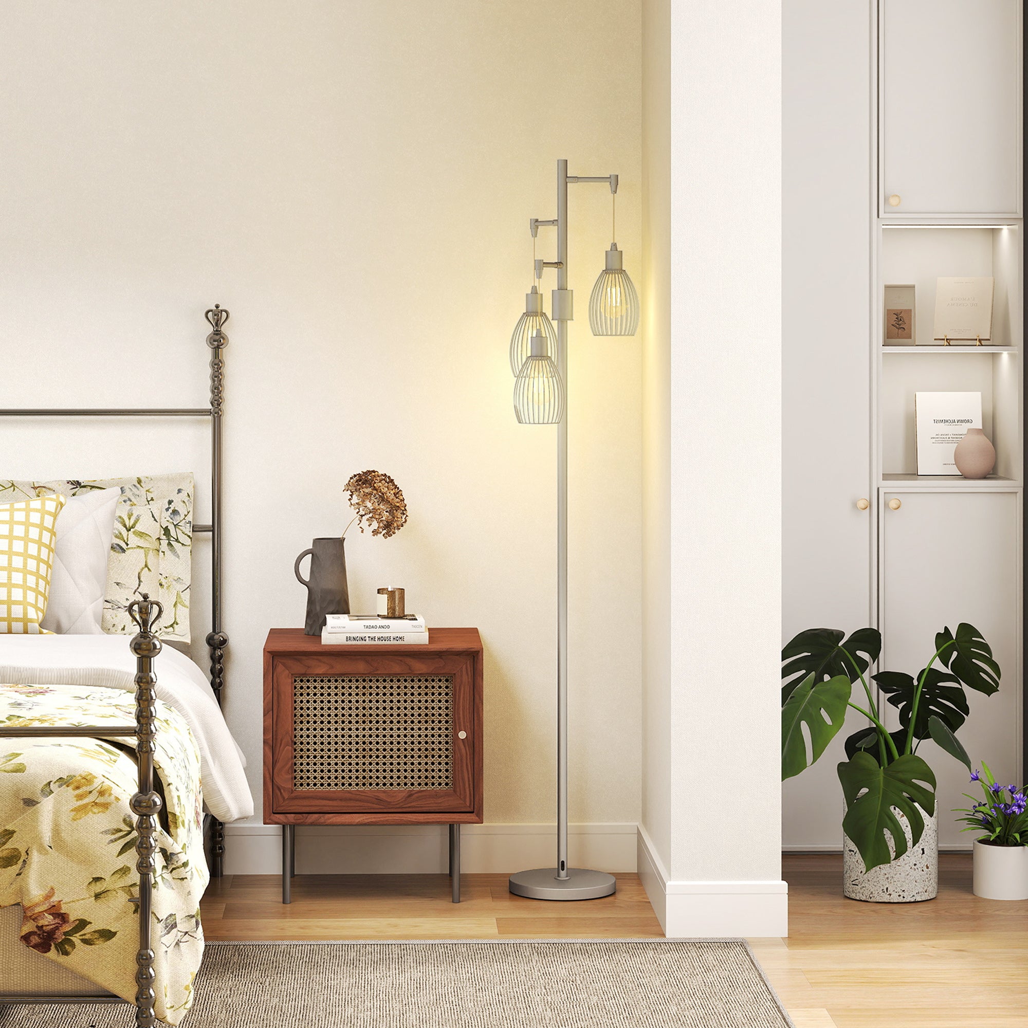 HOMCOM 3-Light Floor Lamp, 170cm Industrial Dimmable Standing Lamp with Steel Wire Cage Lampshades for Living Room, Bedroom, Dining Room, Study, Silver Tone - North Peak Garden Furniture