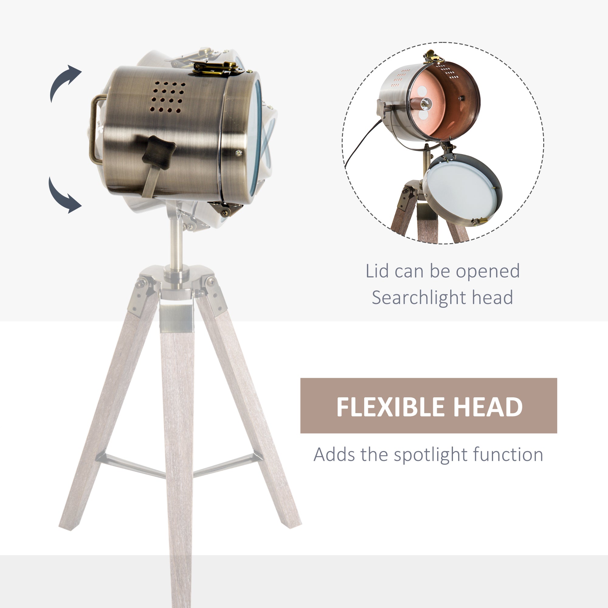 HOMCOM Vintage Tripod Table Desk Lamp Bedside Light Spotlight Brass Antique Searchlight Wooden Base - North Peak Garden Furniture