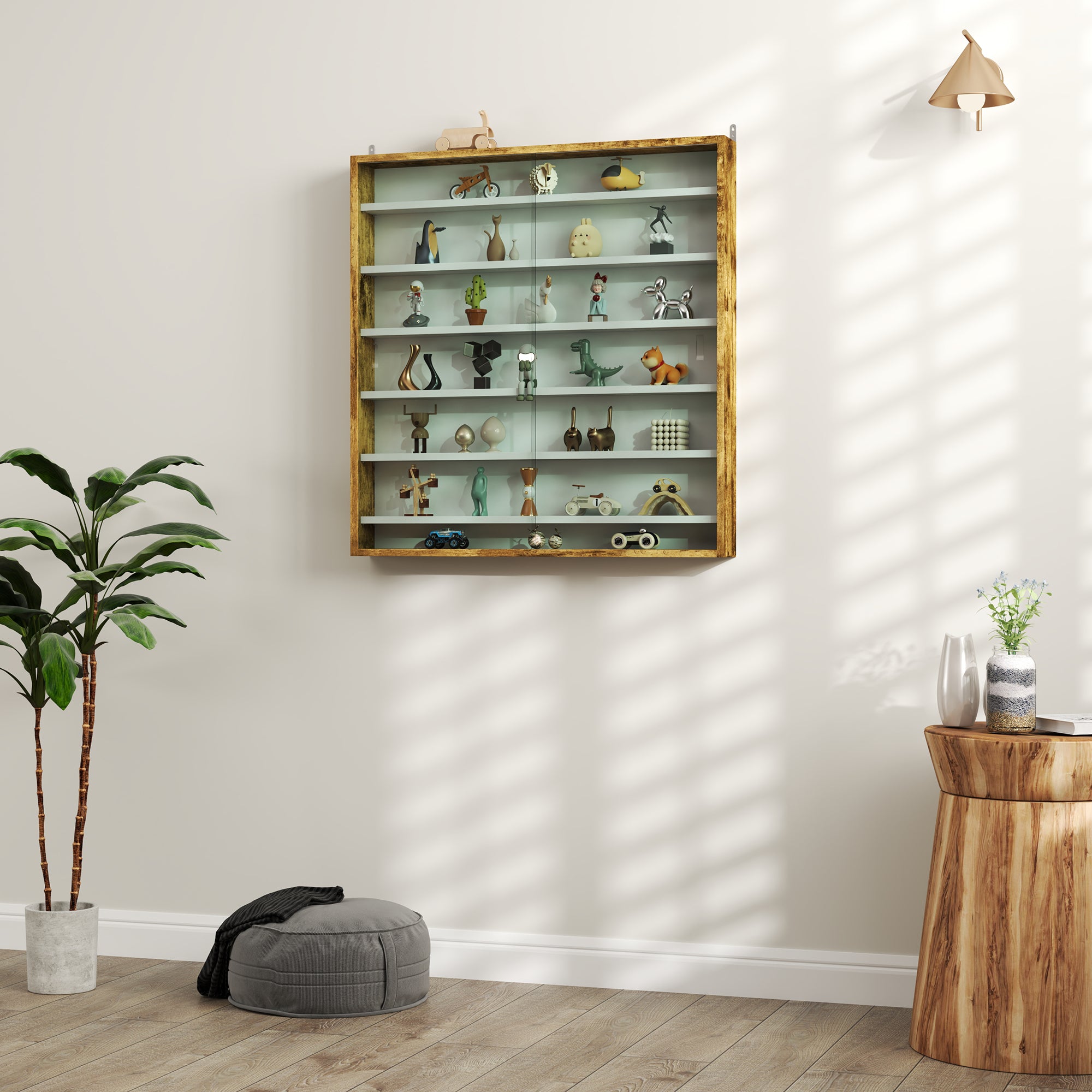 HOMCOM 7-Tier Wall Display Shelf Unit Cabinet w/ 6 Adjustable Shelves Glass Doors Home Office Ornaments 83x80cm, Oak - North Peak Garden Furniture