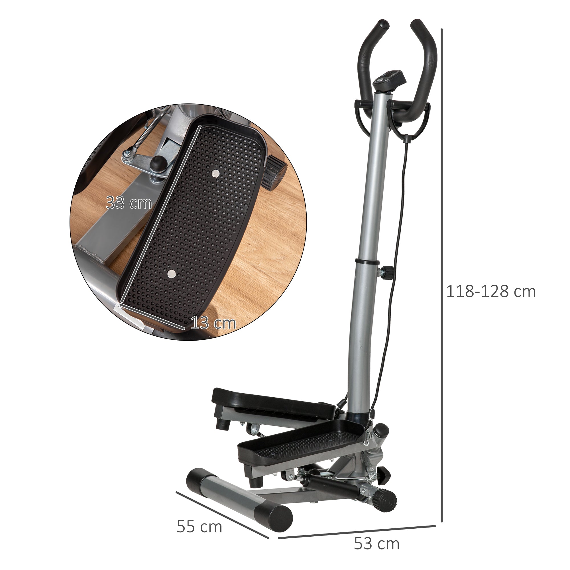 HOMCOM Adjustable Twist Stepper Fitness Step Machine, LCD Screen, Height-Adjust Handlebars, Home Gym, Silver and Black - North Peak Garden Furniture