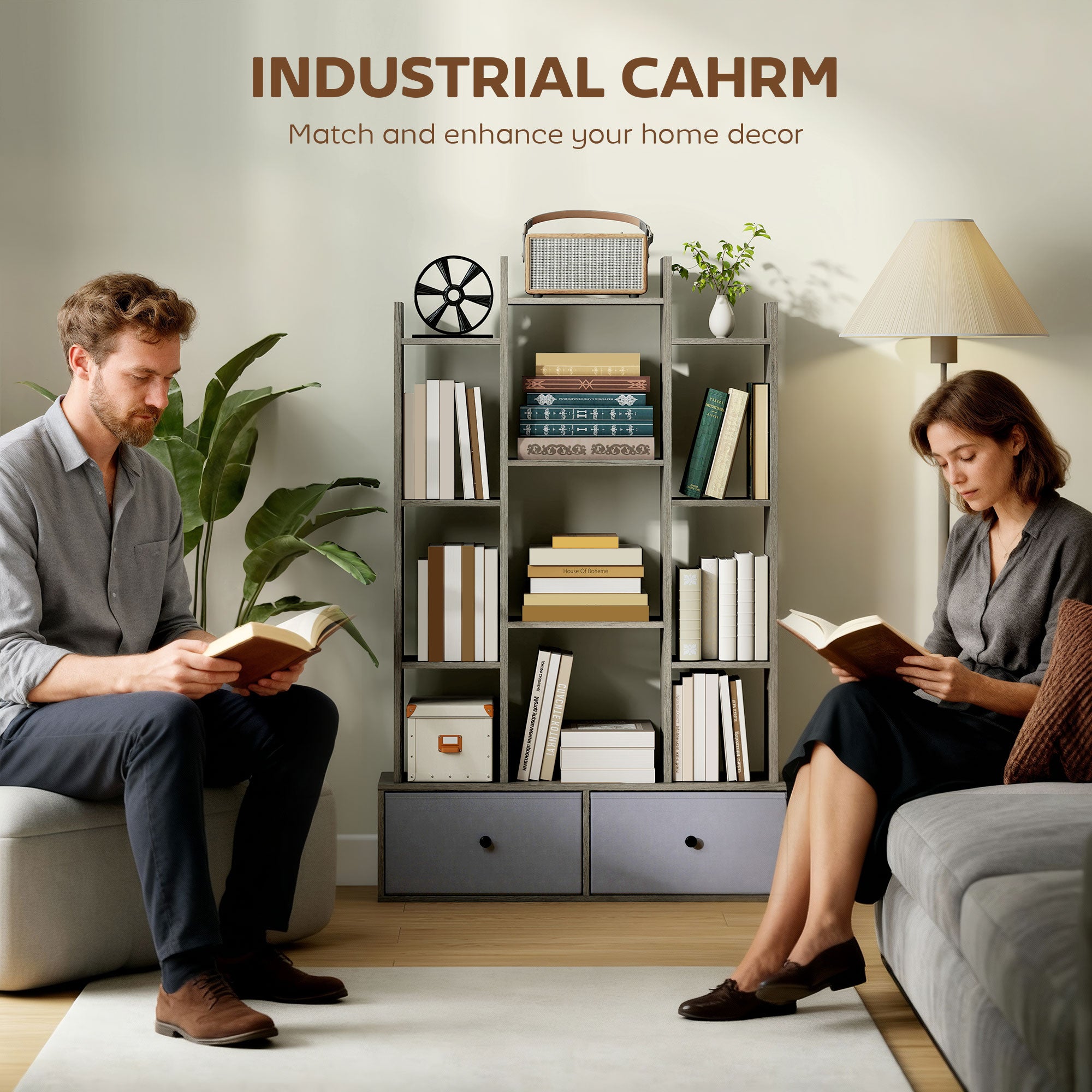 HOMCOM 12 Shelf Storage Unit, with Drawers - Graphite Wood Effect