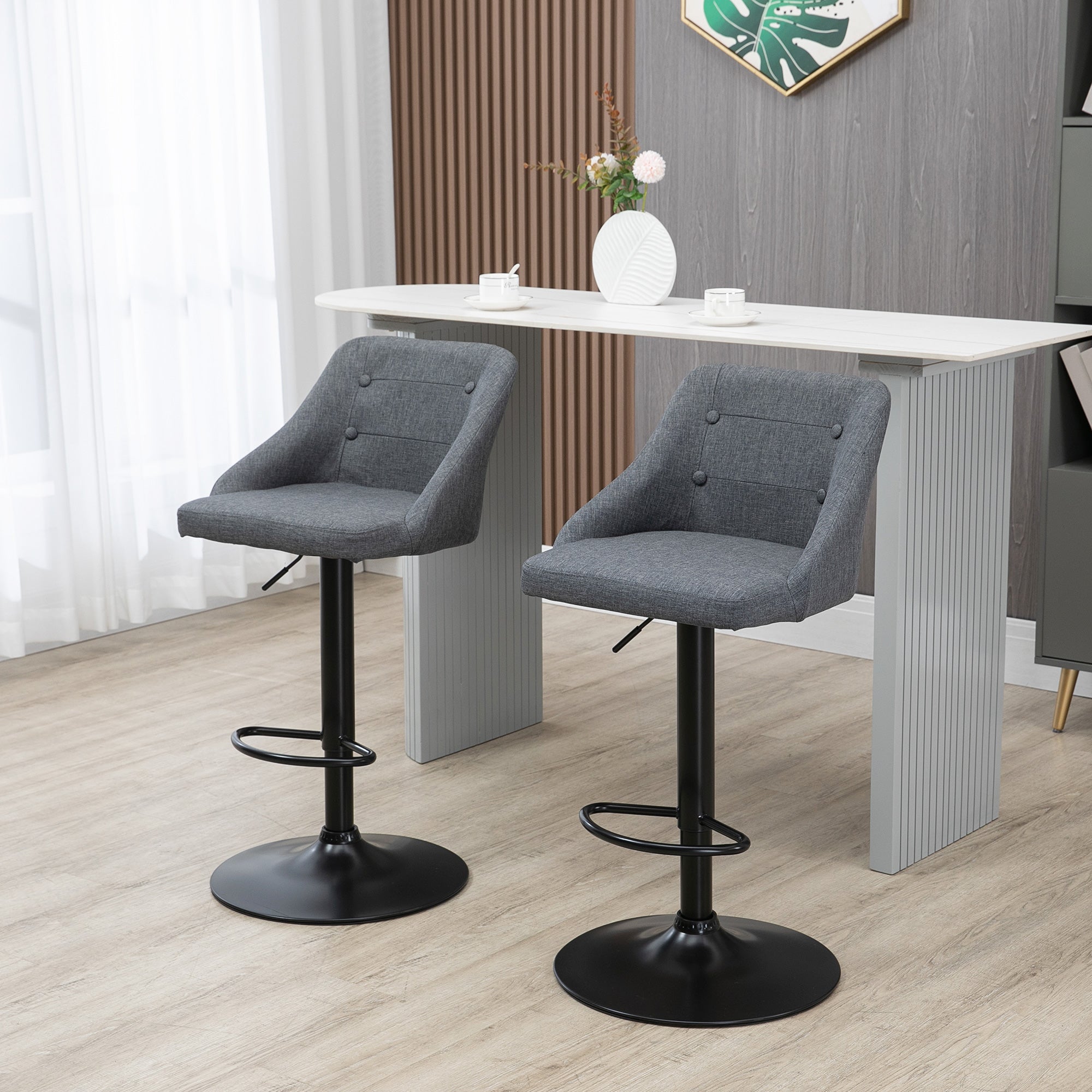 HOMCOM Modern Adjustable Bar Stools Set of 2, Swivel Fabric Barstools with Footrest, Armrests and Back, for Kitchen Counter and Dining Room, Dark Grey