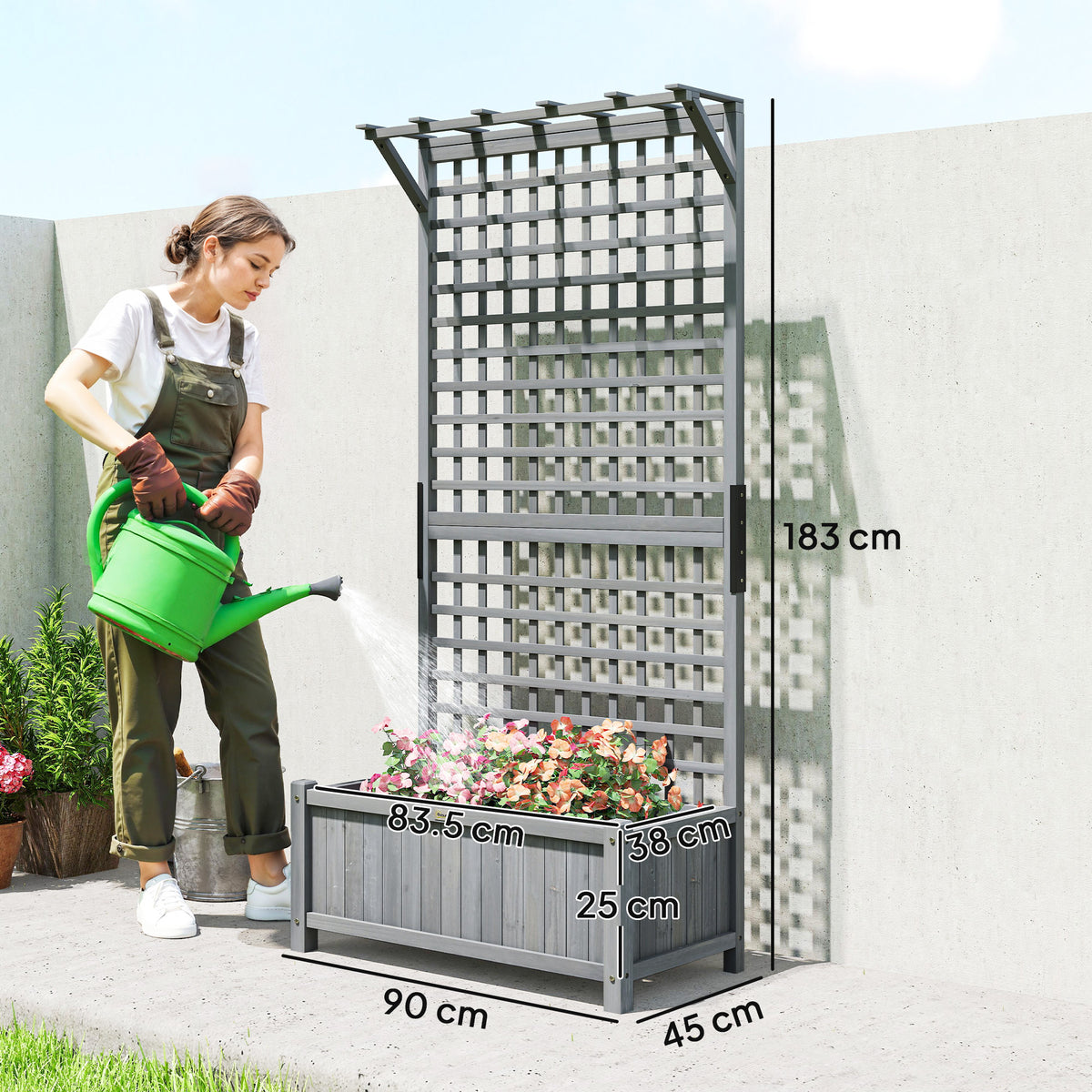 Outsunny Raised Bed with Drainage Holes, Wood Planter with Trellis for Climbing Plants to Grow Vegetables, Flowers, Dark Grey