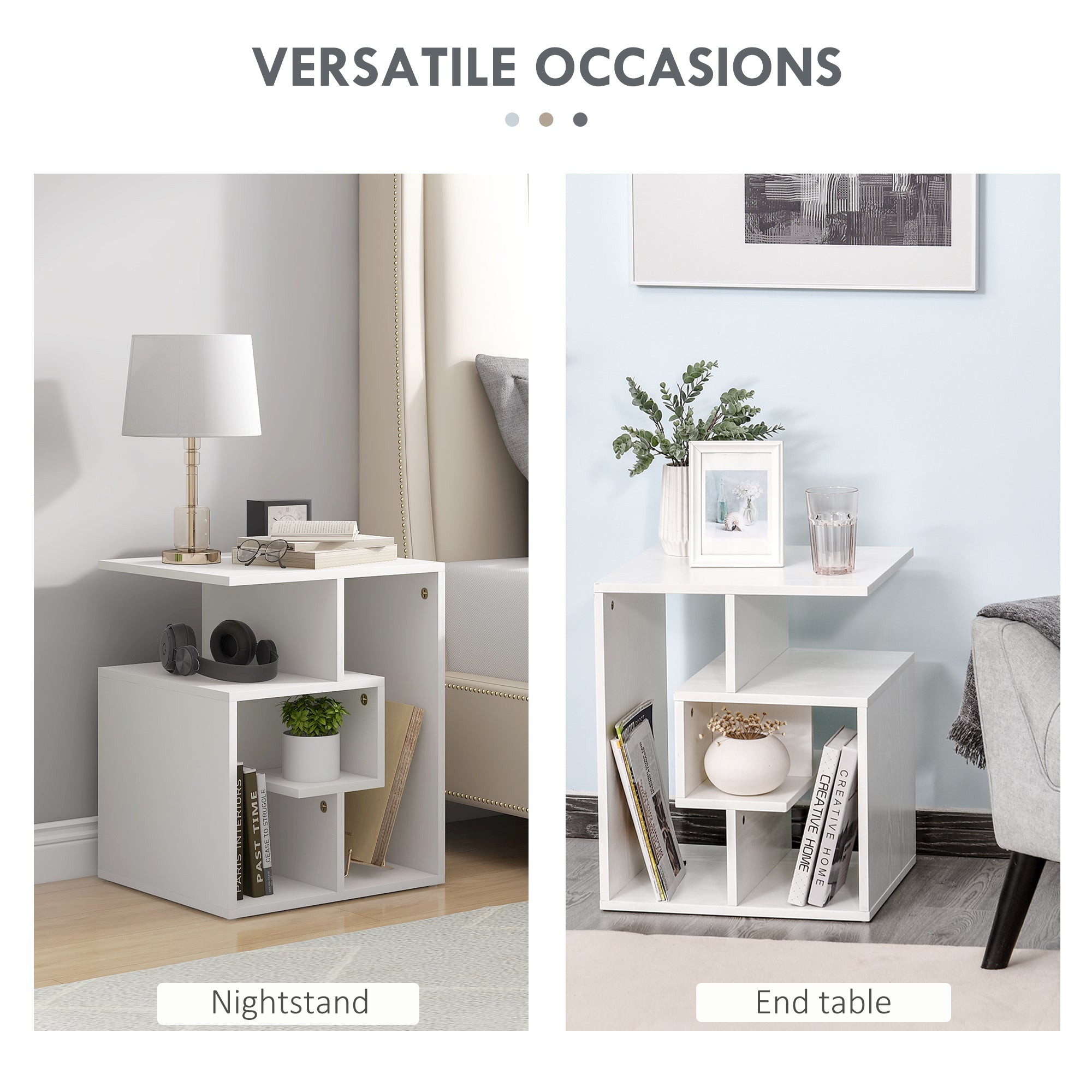 HOMCOM Side Table, 3 Tier End Table with Open Storage Shelves, Living Room Coffee Table Organiser Unit, Set of 2, White - North Peak Garden Furniture