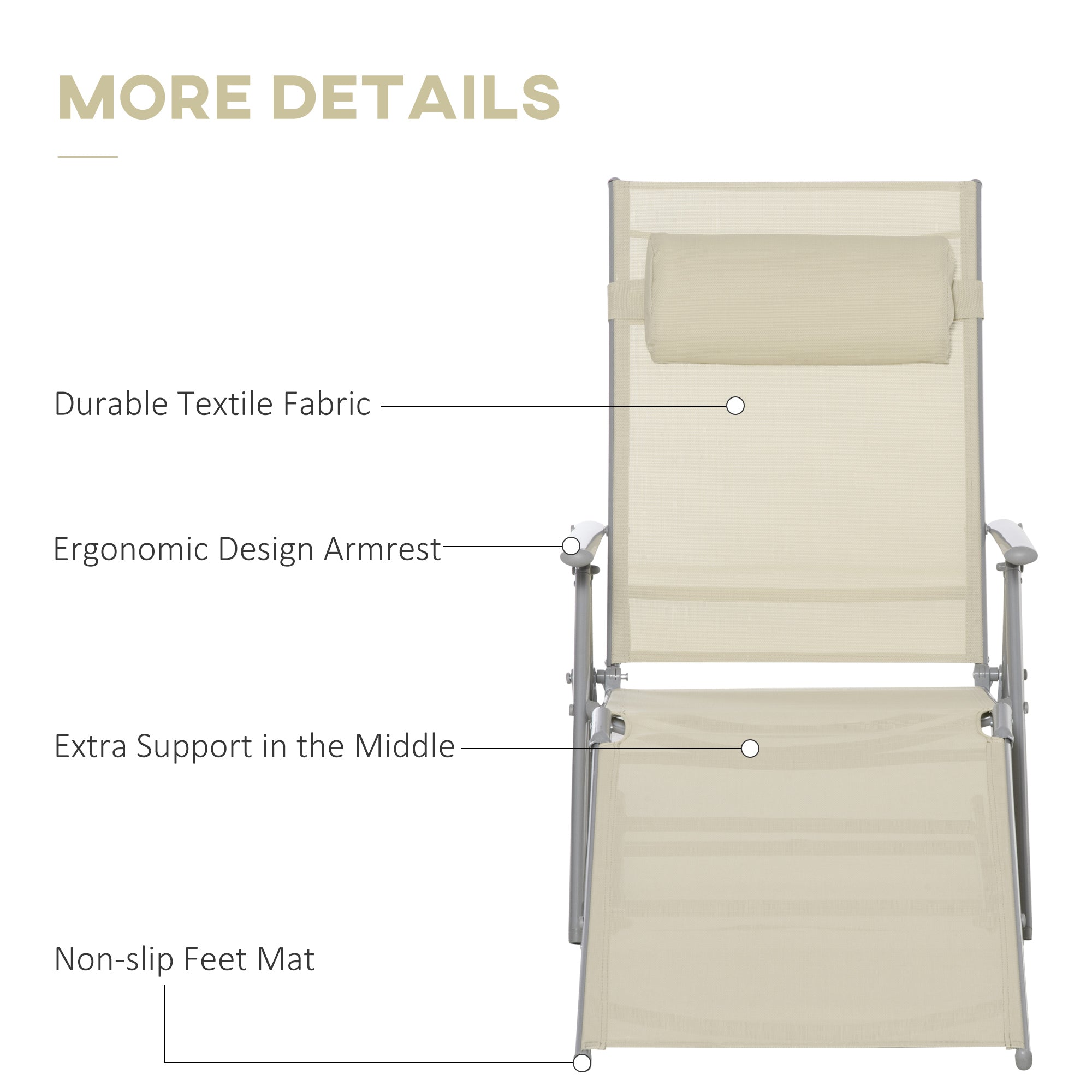 Outsunny Steel Fabric Sun Lounger Outdoor Folding Chaise Lounge Chair Recliner with Portable Design & 7 Adjustable Backrest Positions - Beige - North Peak Garden Furniture