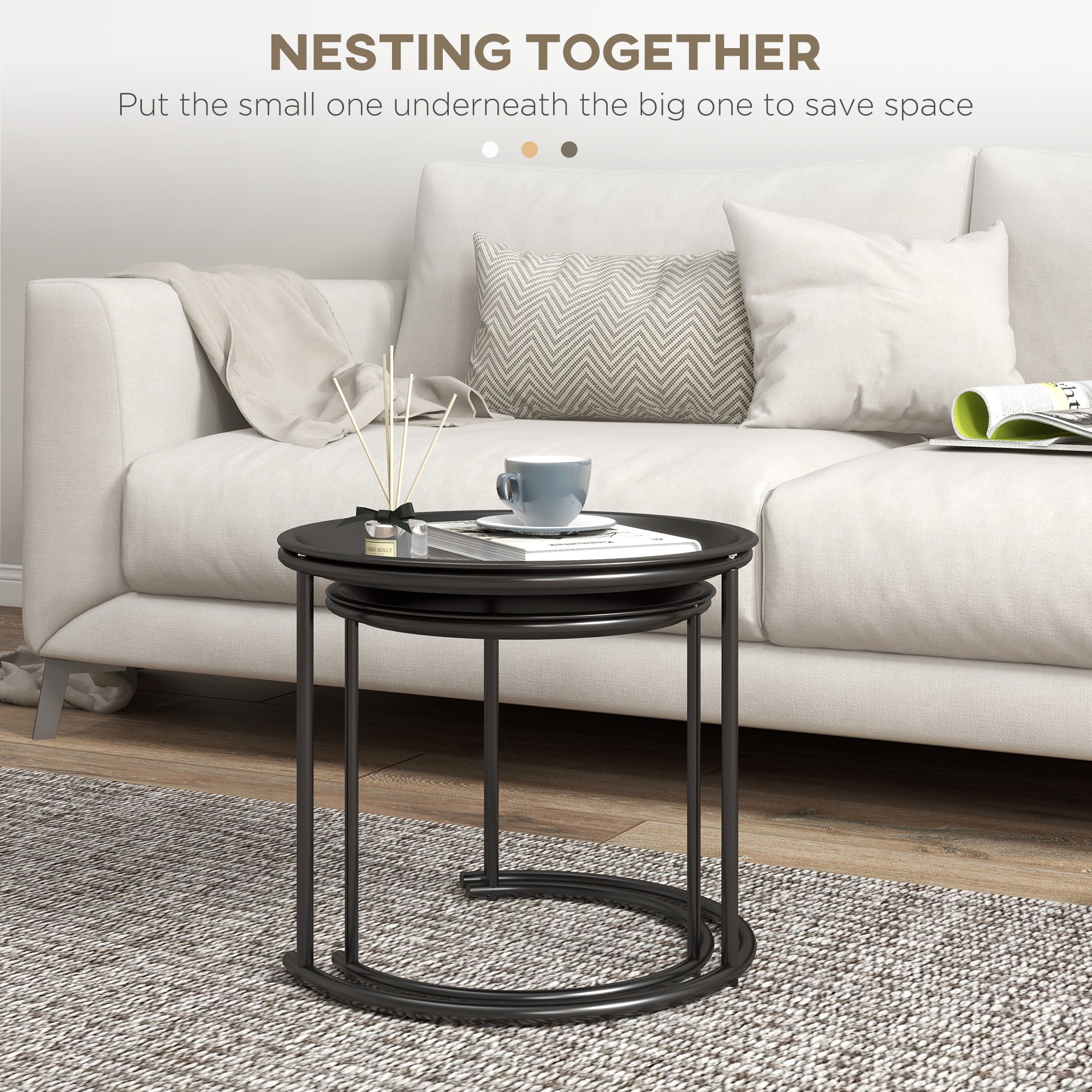 HOMCOM Nesting Tables Set of 2, Side End Table with Removable Tabletop Tray and Steel Frame for Living Room, Bedroom, White - North Peak Garden Furniture