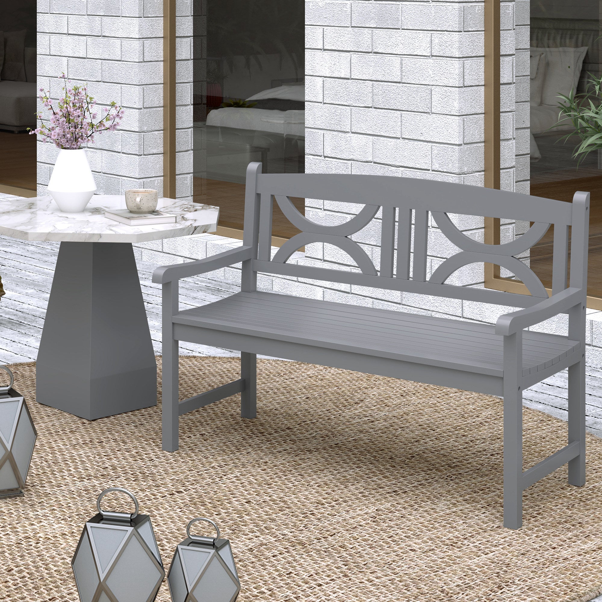 Outsunny 2-Seater Wooden Garden Bench Outdoor Patio Loveseat for Porch, Grey