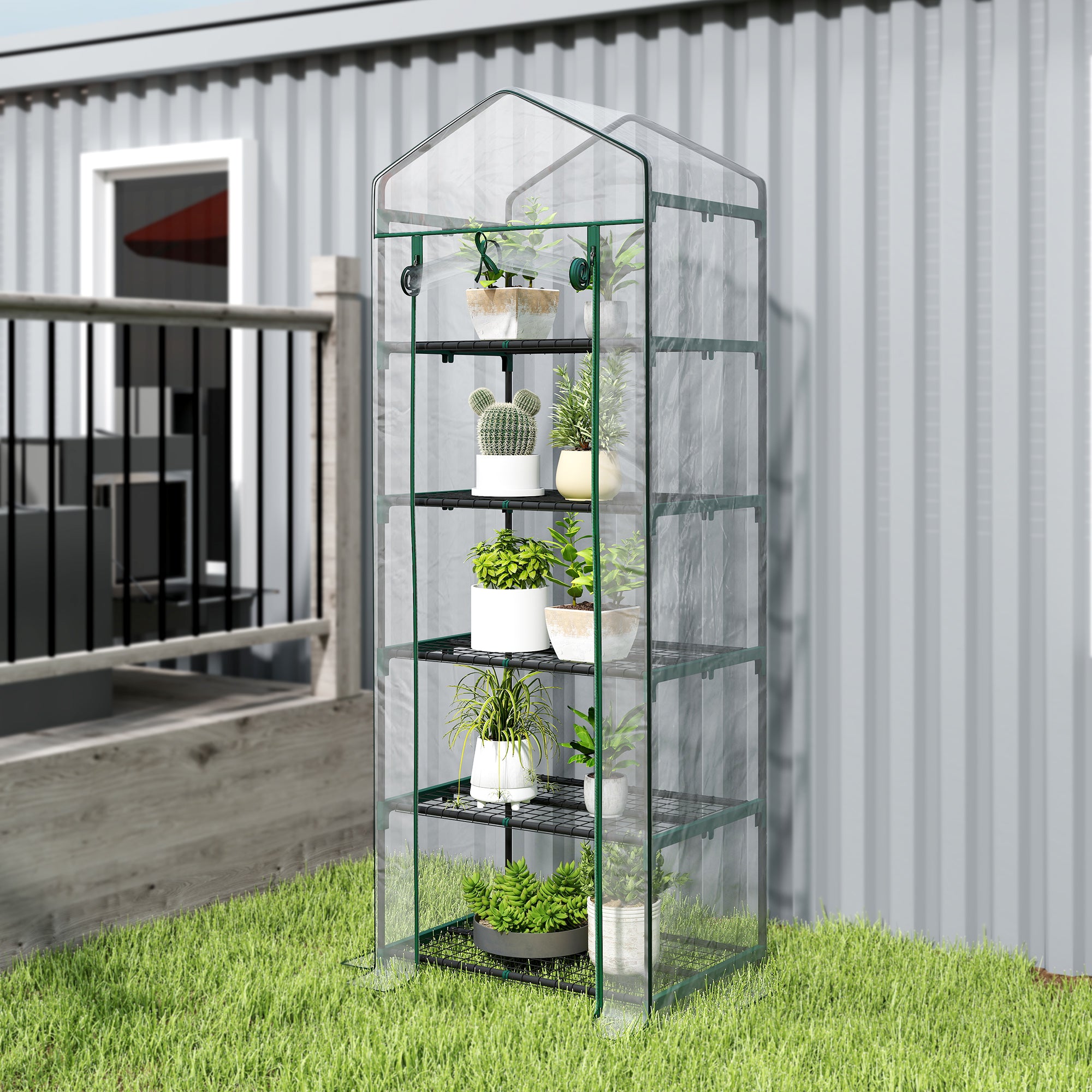 Outsunny 5 Tier Mini Greenhouse Outdoor Flower Stand Green House PVC Cover Portable Shed Metal Frame Transparent 69 x 49 x 193cm