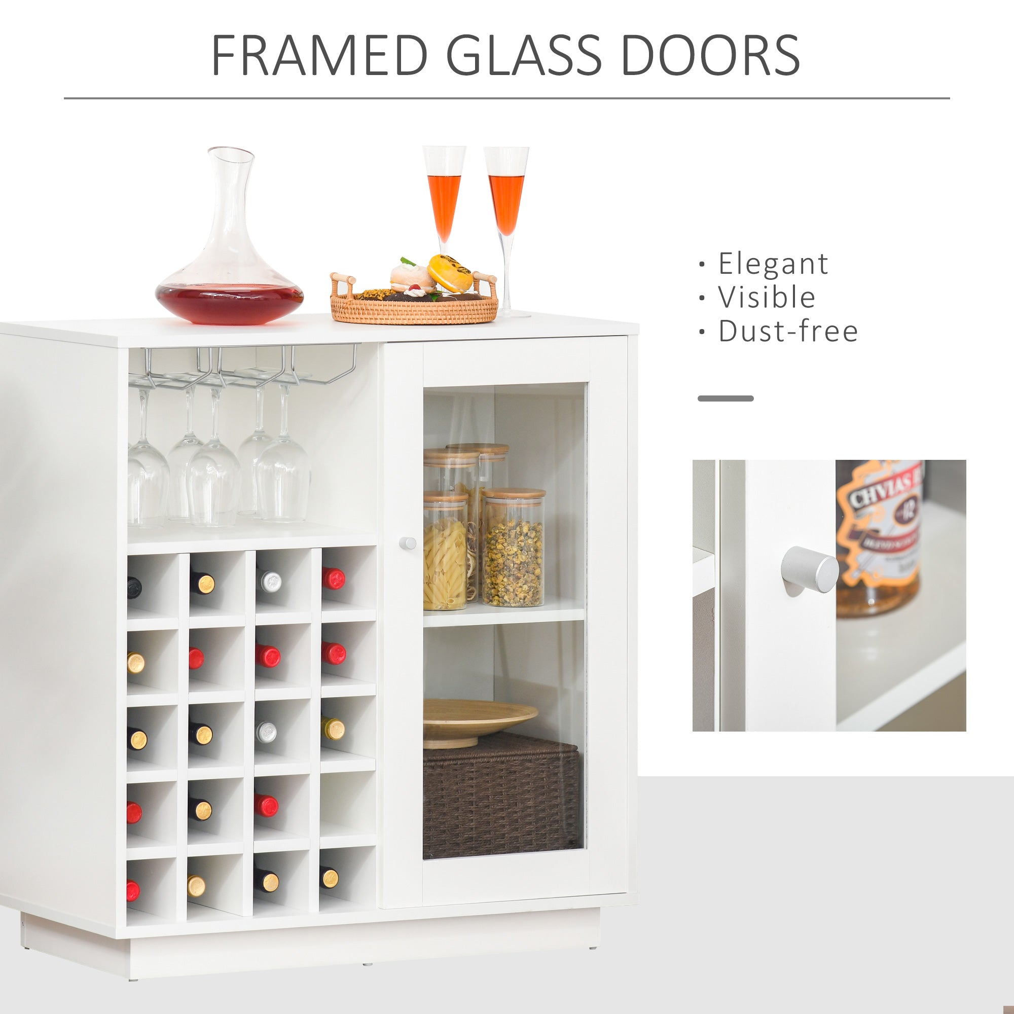 HOMCOM Modern Wine Cabinet Cupboard with Glass Door, Glass Holder & 20-Bottle Wine Rack for Living Room, Home Bar, Dining Room - North Peak Garden Furniture