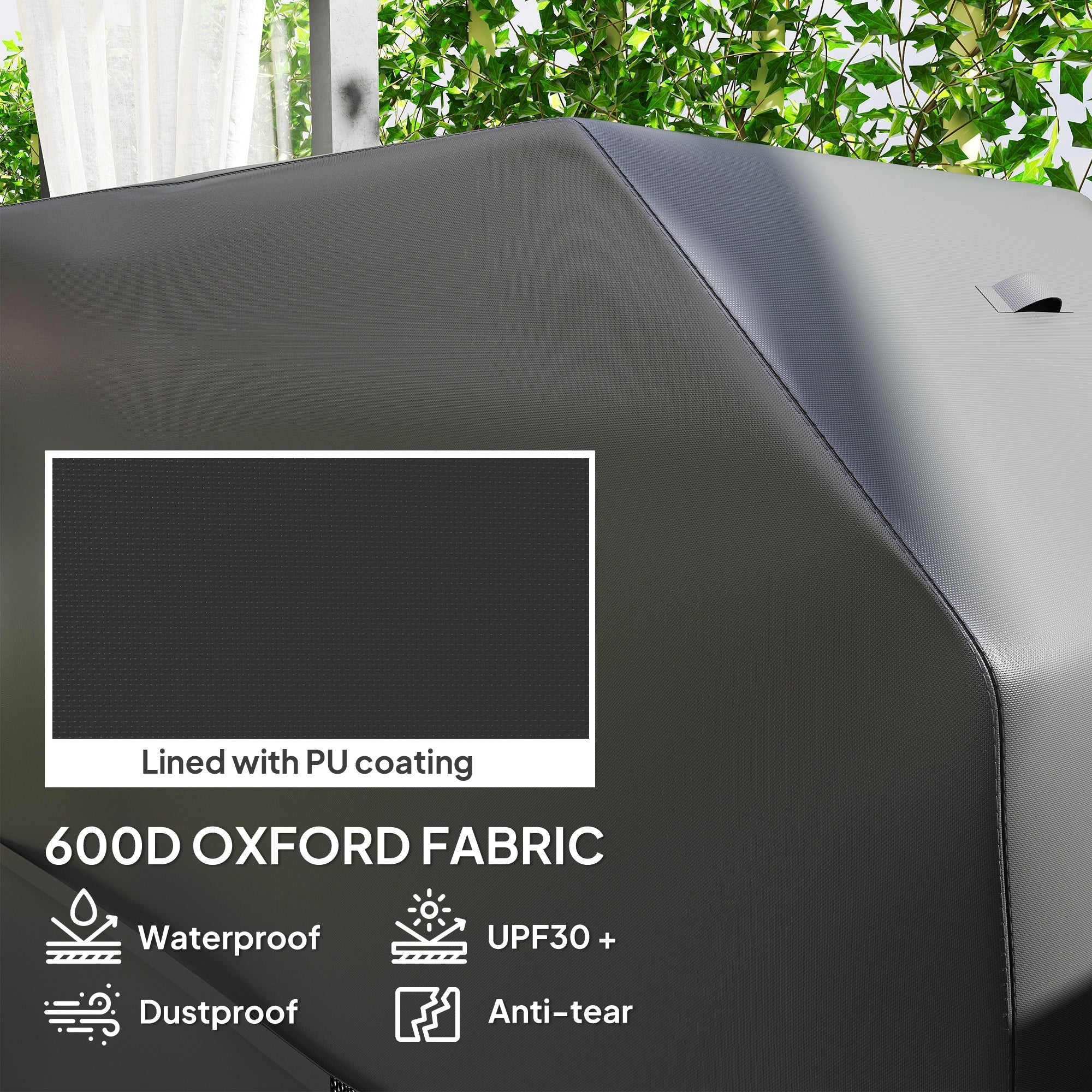 Outsunny BBQ Cover for Rectangular Gas Grill, 600D UPF30+ Oxford Fabric Barbecue Cover for Waterproof Protection Rip-Proof, with Windproof Hook and Loop Fasteners, Vents, 147 x 61 x 122 cm, Black - North Peak Garden Furniture