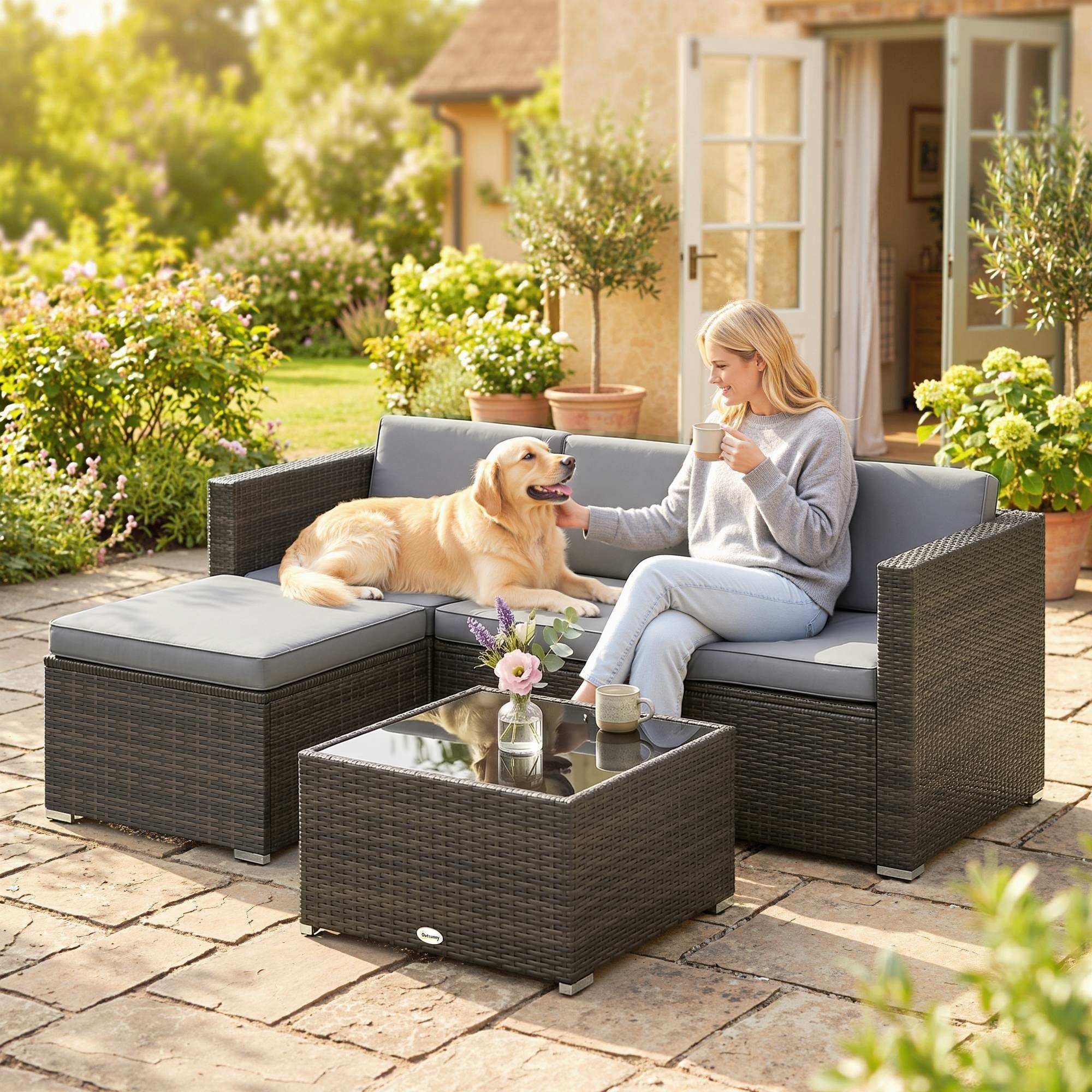 Outsunny 3 Pieces Garden Furniture Set w/ Cushions, PE Rattan Wicker Conversation Corner Sofa Set, Light Grey