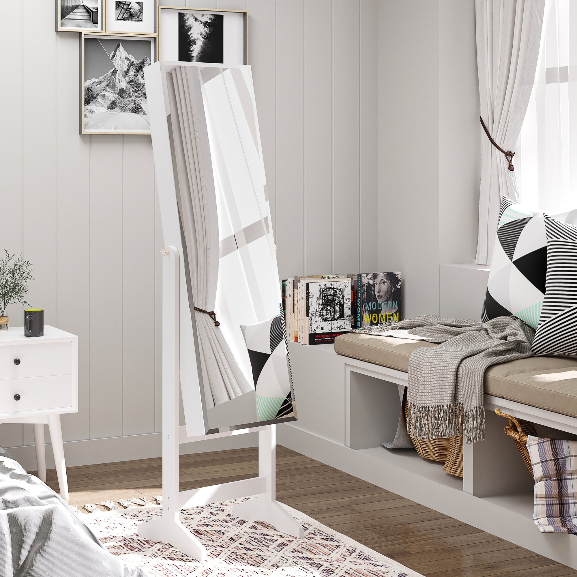 HOMCOM Jewelry Cabinet Standing Mirror Full Length Makeup Lockable Armoire Storage Organizer White - North Peak Garden Furniture