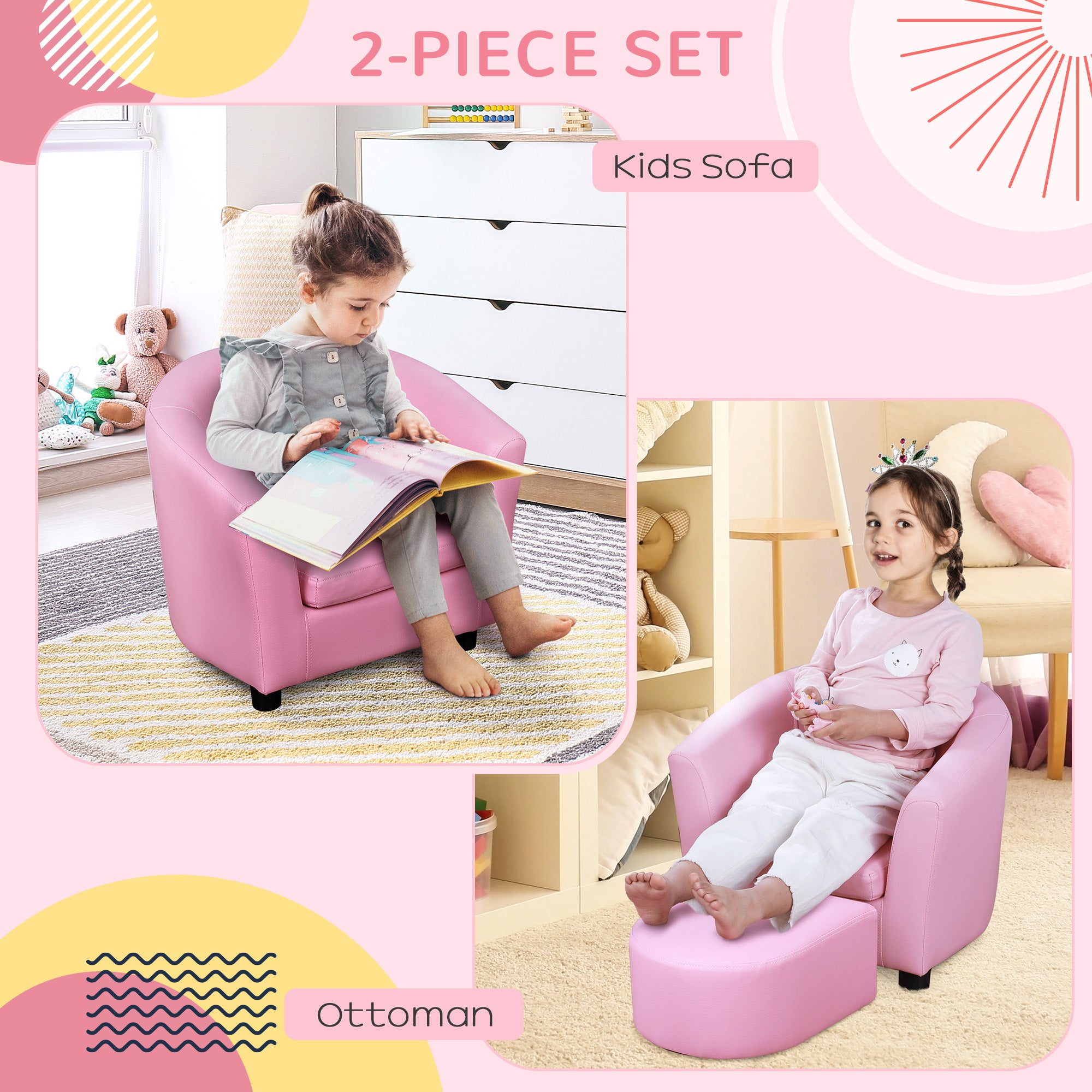 HOMCOM Kids Toddler Sofa Children's Armchair Footstool with Thick Padding, Anti-skid Foot Pads, 30 x 28 x 21cm, Pink