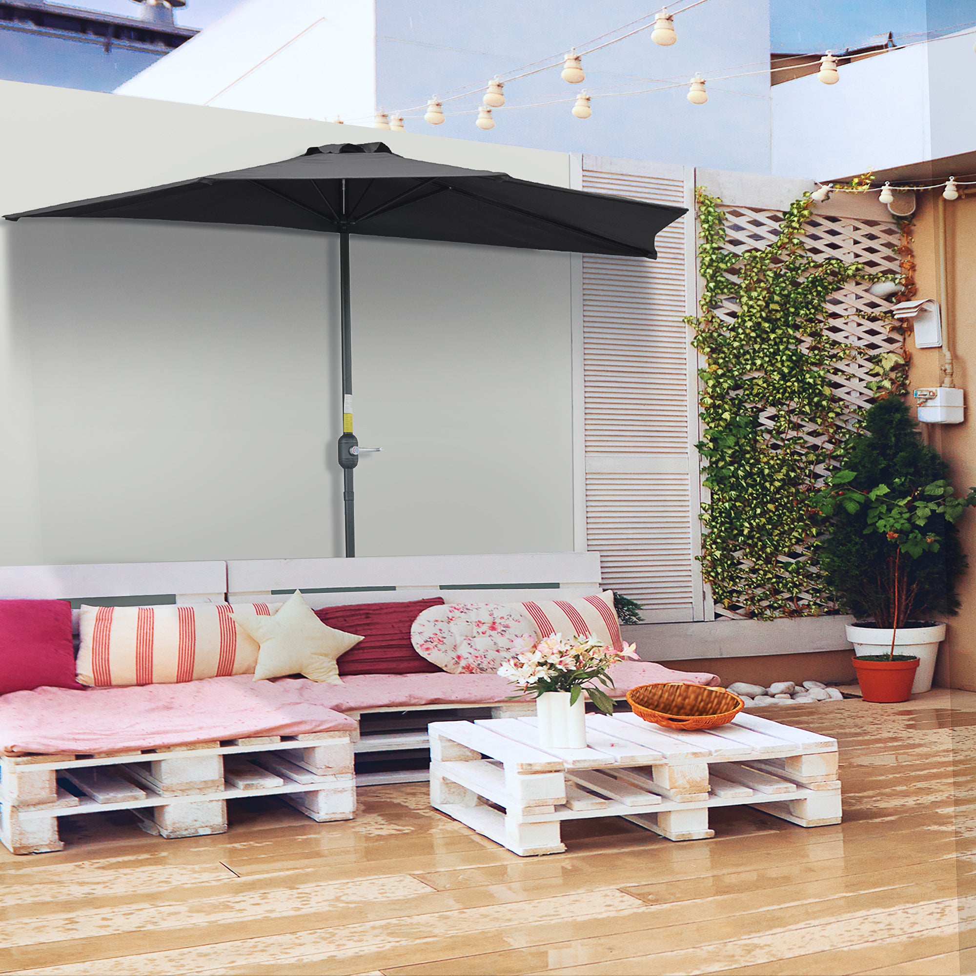 Outsunny 3(m) Half Parasol Semi Round Umbrella Patio Metal Frame Crank Handle for Balcony-- NO BASE INCLUDED, Black - North Peak Garden Furniture
