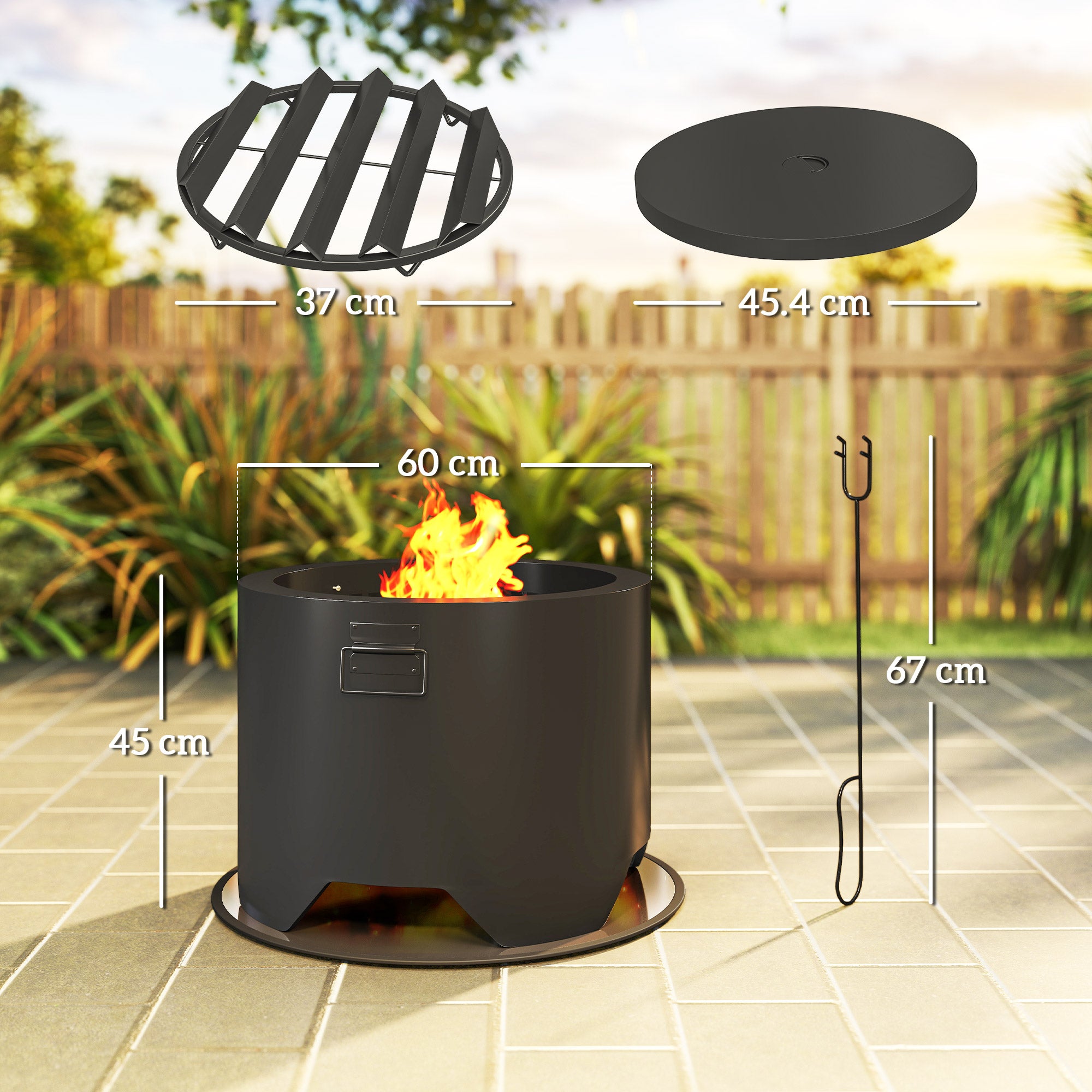 Outsunny Outdoor Round Fire Pit with Lid and Fire Poker - Black - North Peak Garden Furniture