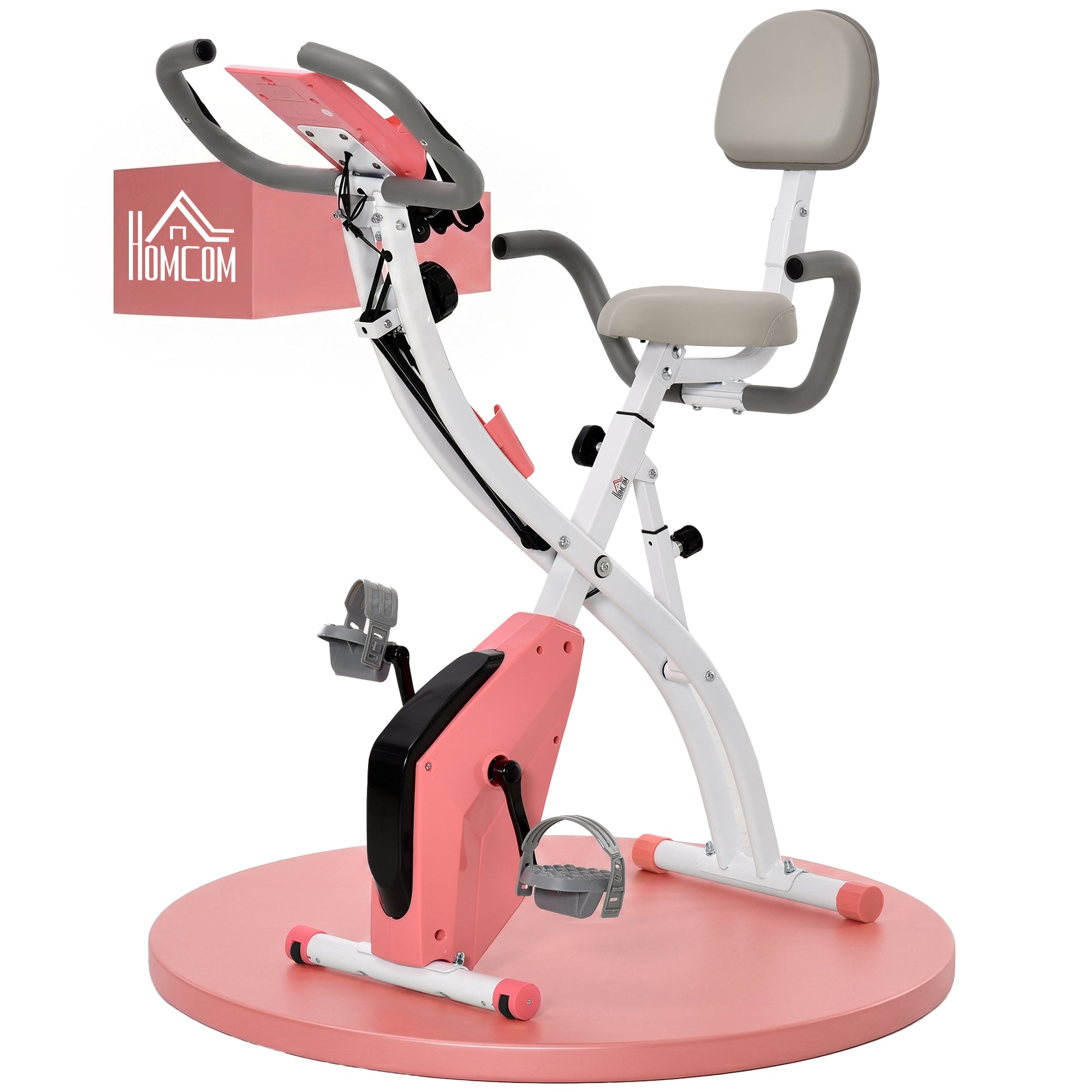 HOMCOM 2-in-1 Folding Exercise Bike with 8-Level Magnetic Resistance, Arm Resistance Band, Pulse Sensor, Pink