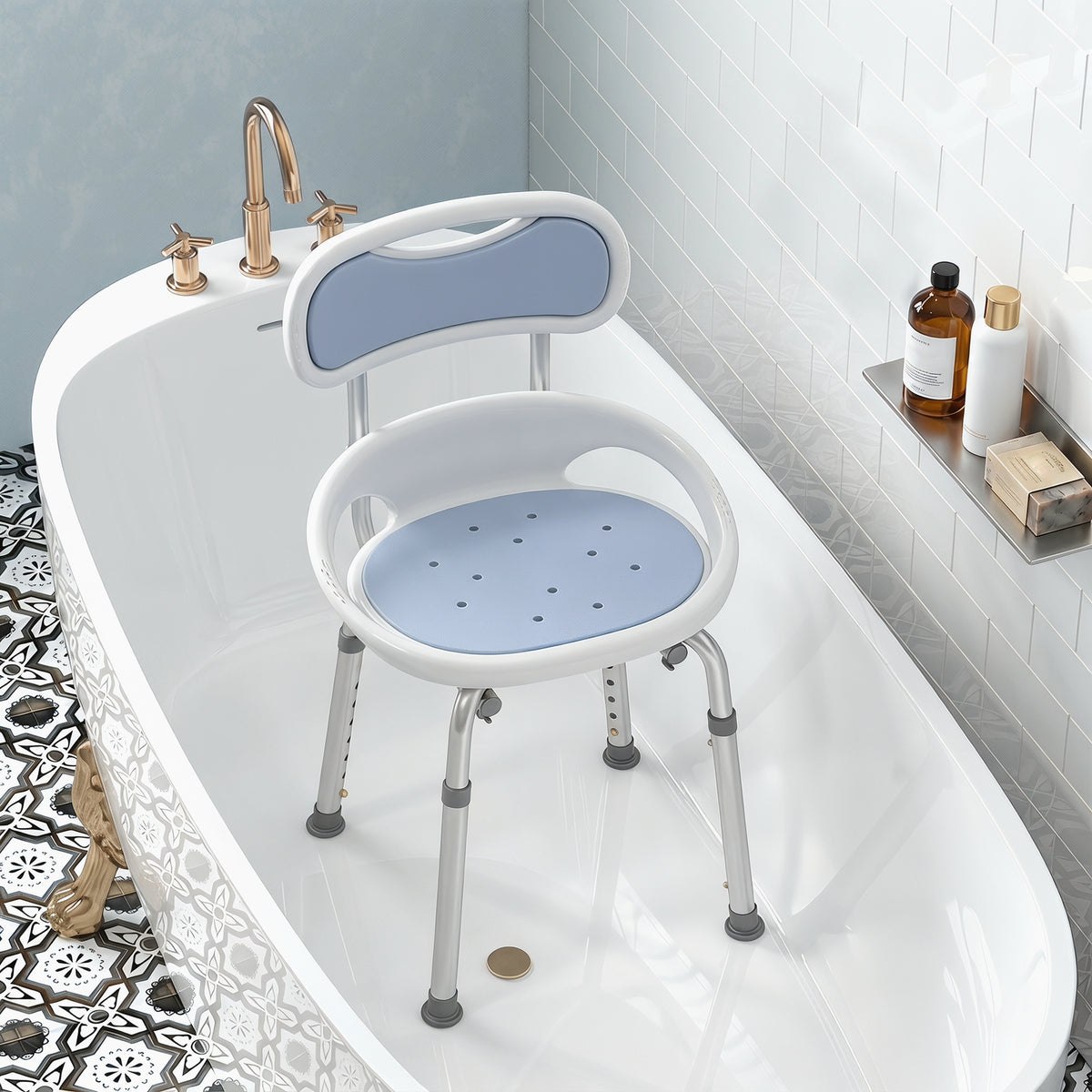 HOMCOM Shower Chair with Padded Seat Adjustable Height Shower Stool Bath Seat with Back and Anti-Slip Feet