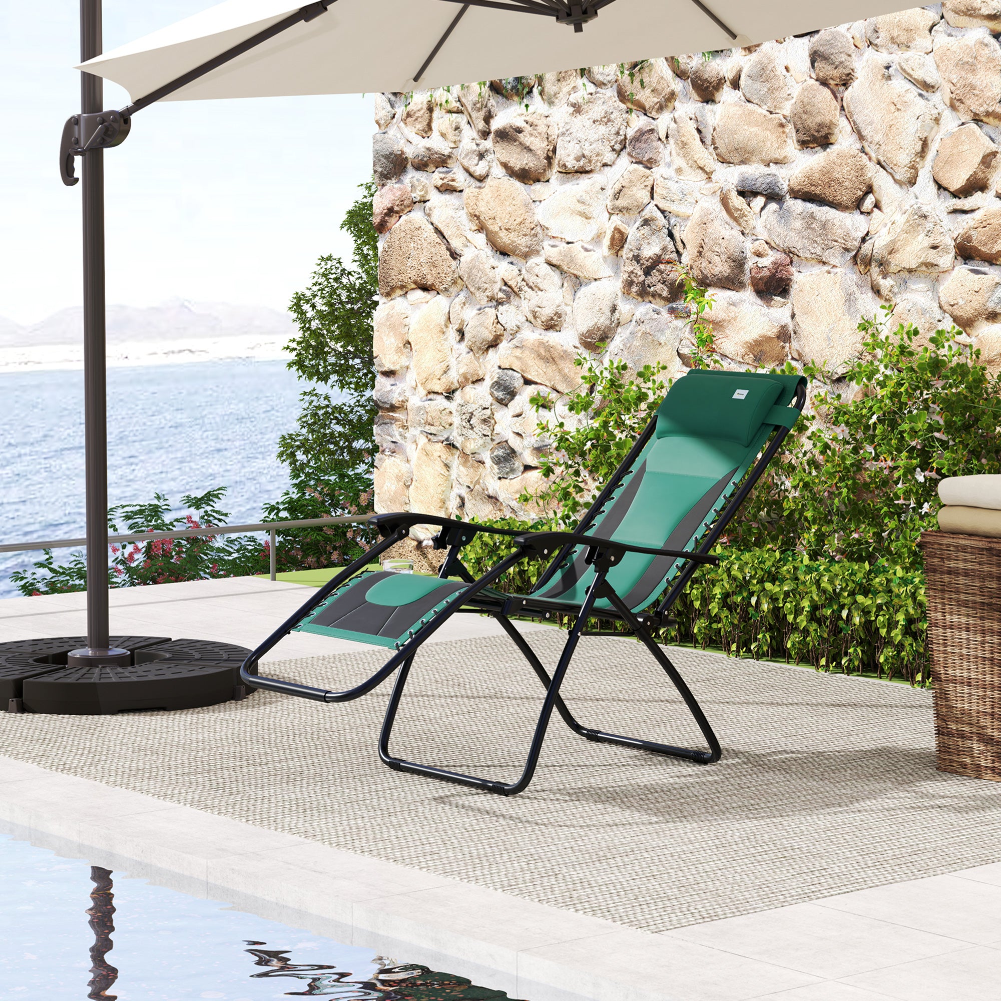 Outsunny Zero Gravity Lounger Chair, Folding Reclining Patio Chair with Padded Seat, Cup Holder, Soft Cushion and Headrest for Poolside, Camping, Green - North Peak Garden Furniture