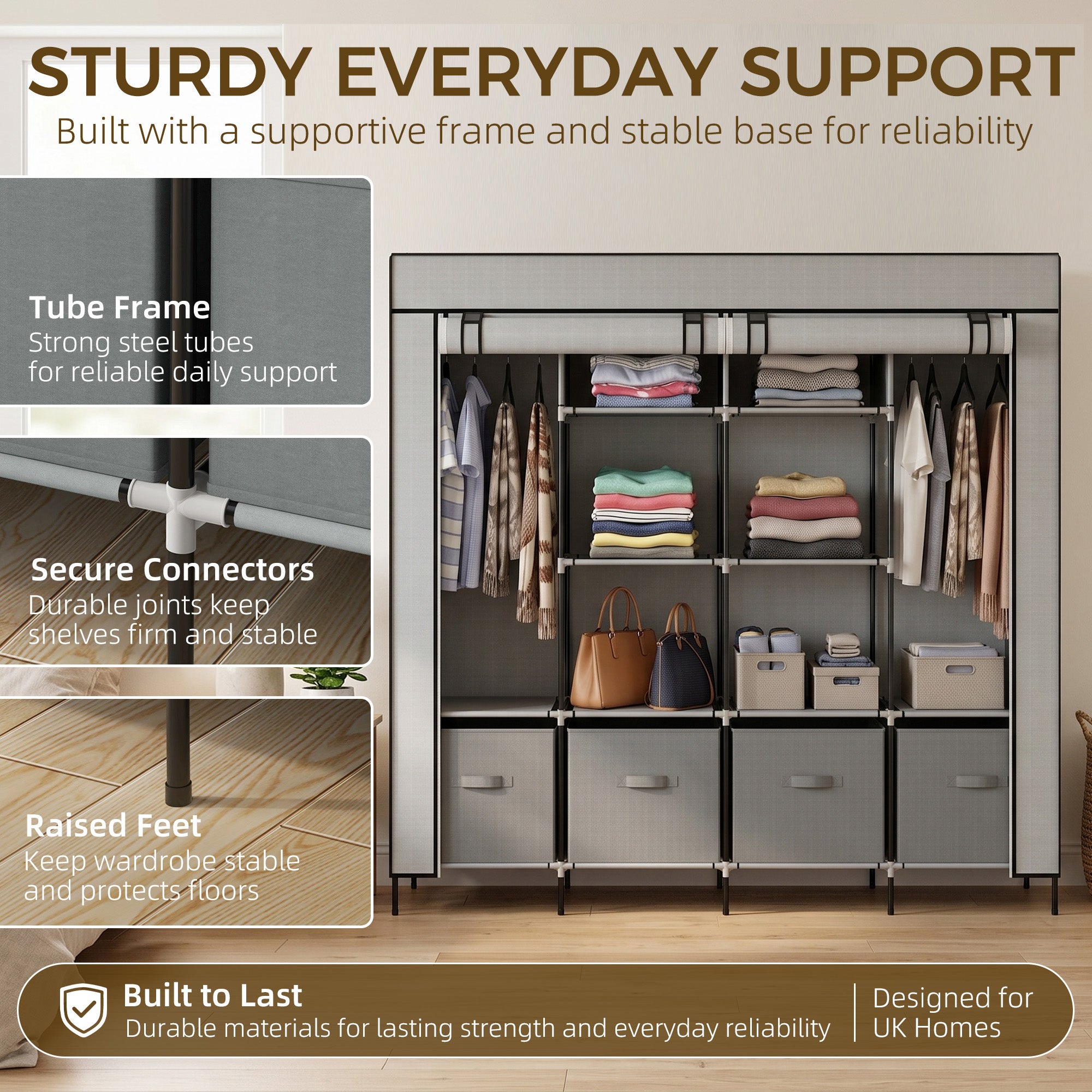 HOMCOM Fabric Wardrobe for Bedroom, Portable Cloth Wardrobe with 10 Compartments, 2 Hanging Rails and 4 Fabric Drawers, 166 x 42.5 x 169.5cm, Dark Grey