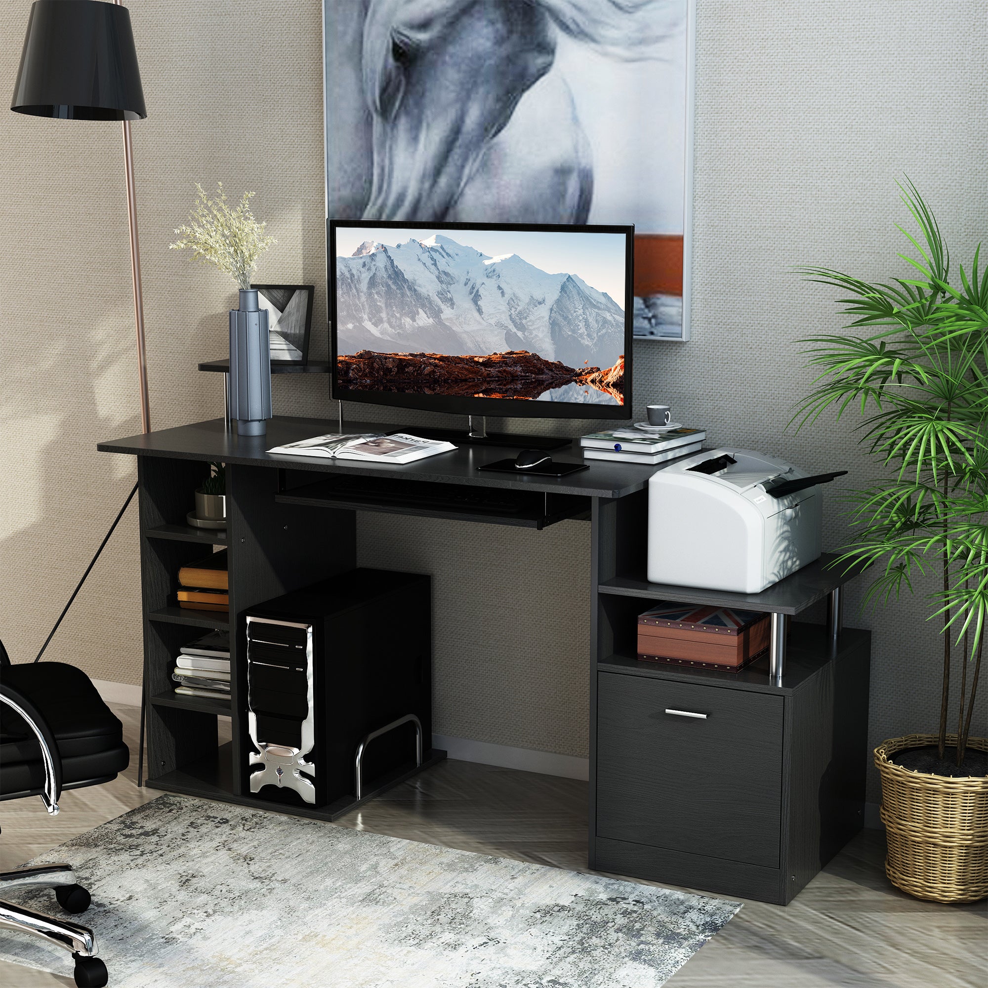 HOMCOM Computer Desk PC Workstation with Drawer Shelves CPU Storage Rack Home Office Furniture 152 x 60 x 88cm (BLACK) - North Peak Garden Furniture