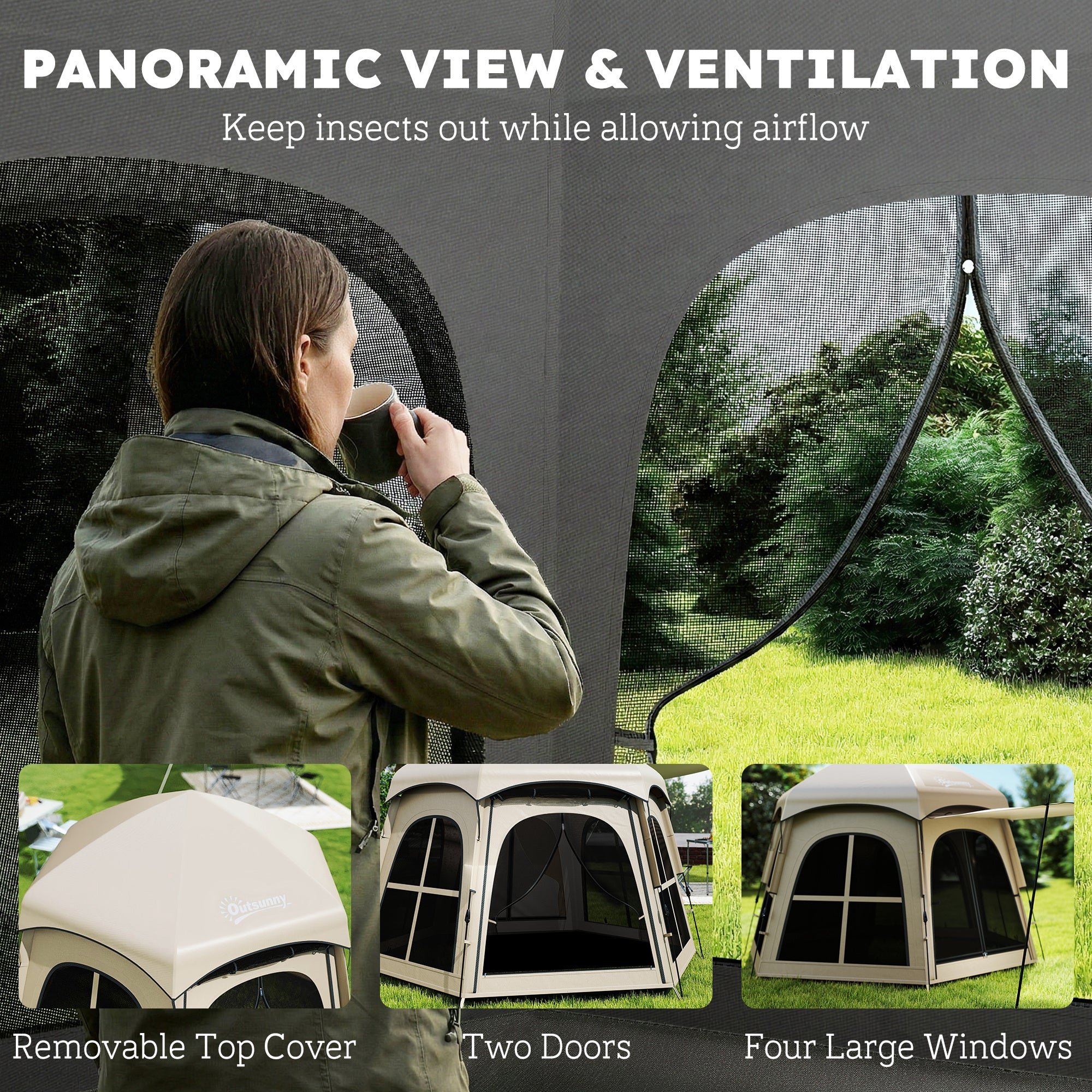 Outsunny Pop Up Tent 3000mm Waterproof Instant Camping Tent 3-4 Person with 2 Doors 4 Windows Khaki