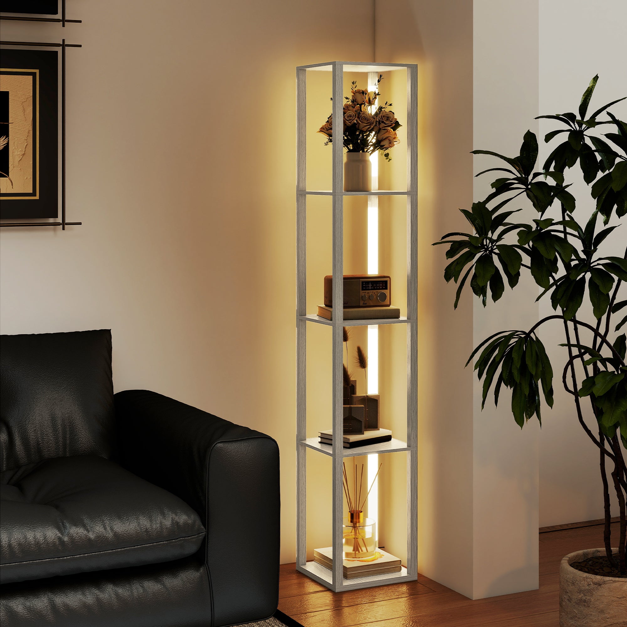 HOMCOM Floor Lamp with Shelves and 3 Brightness Levels - Oak