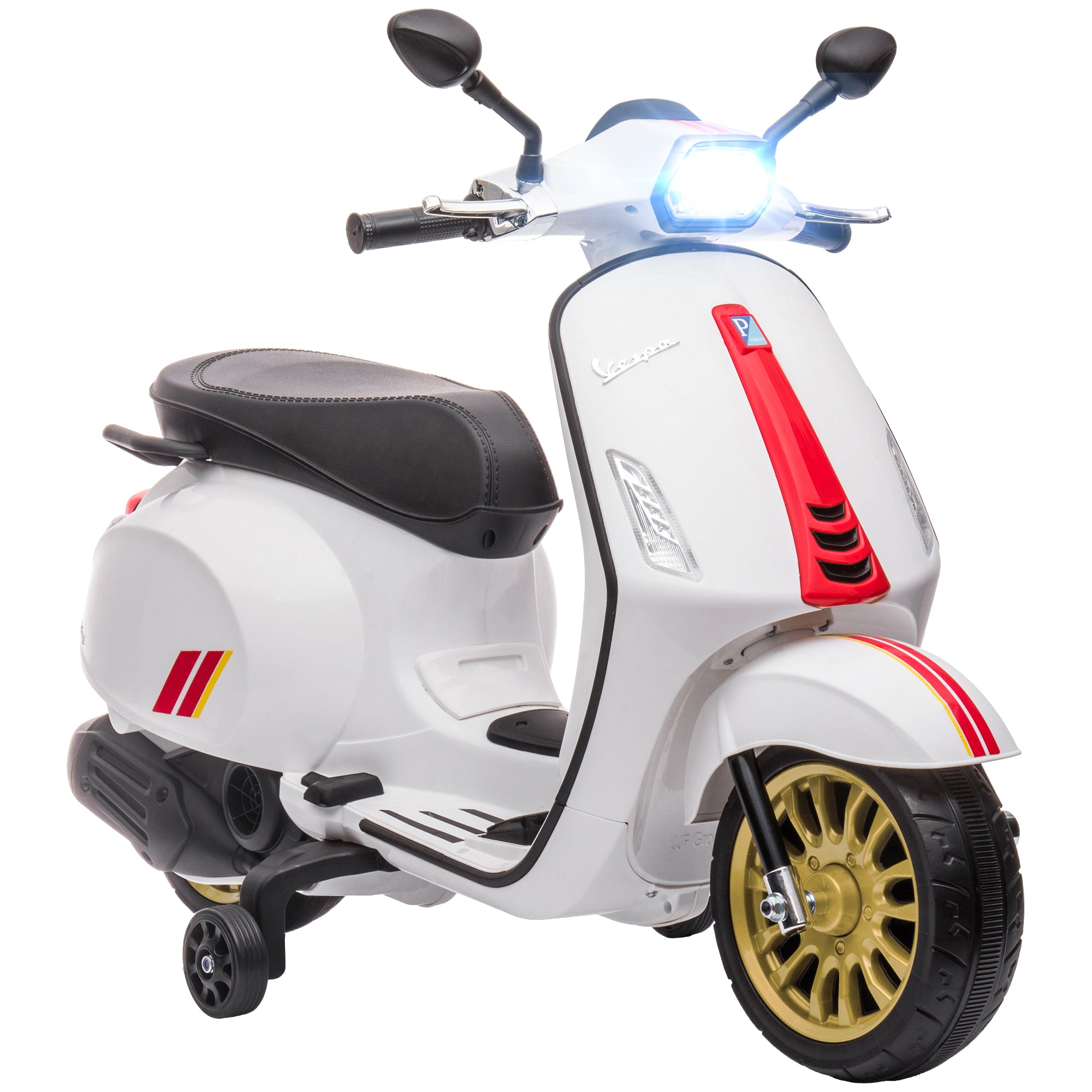 AIYAPLAY 12V Vespa Licensed Kids Electric Motorbike w/ Music, Headlights, FM Radio, for 3-6 Years - White - North Peak Garden Furniture