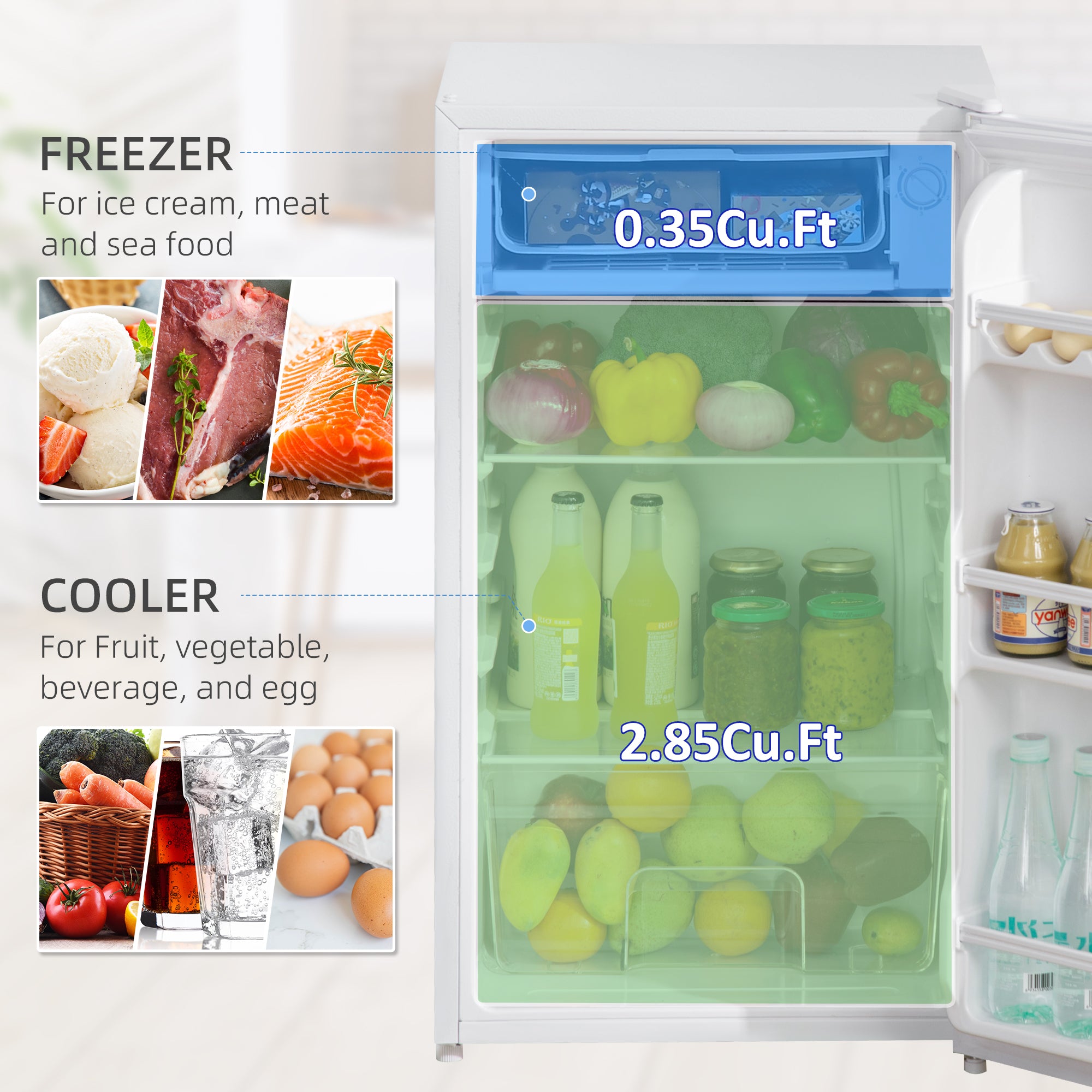 HOMCOM 91 Litre Freestanding Under Counter Fridge Freezer with Chiller Box, Reversible Door, Adjustable Thermostat, 47.5cm Wide, Noise Level: Decibels 40, White - North Peak Garden Furniture