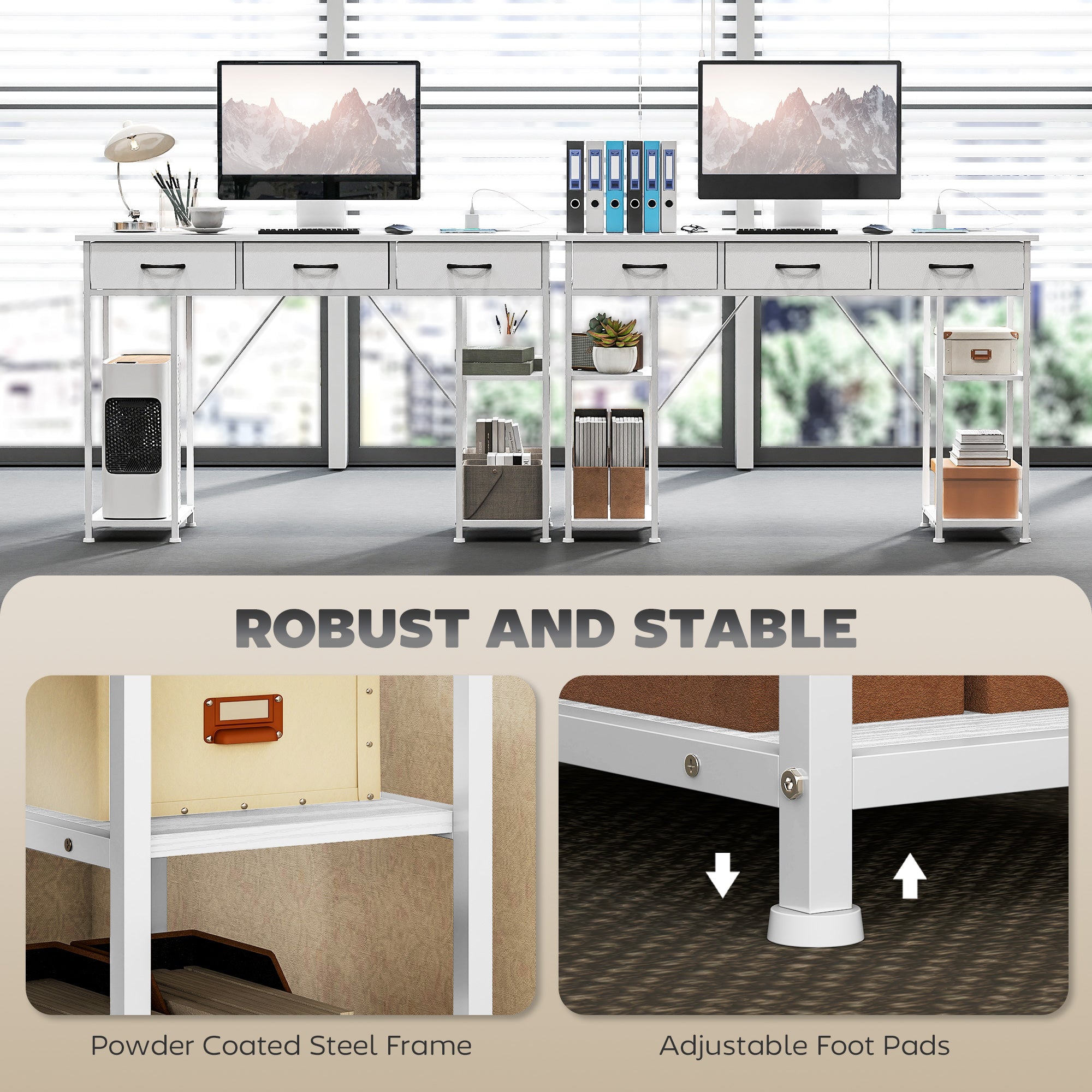 HOMCOM 120cm Computer Desk with Power Outlets, Office Desk Study Table with 3 Fabric Drawers and 4 Storage Shelves, White - North Peak Garden Furniture