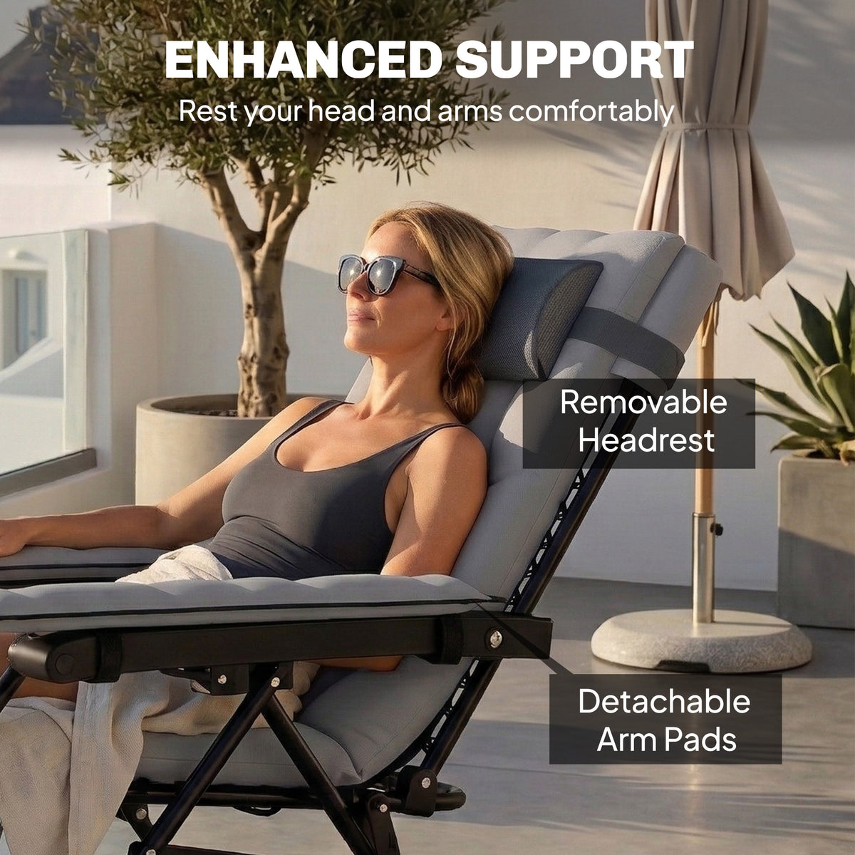 Outsunny Zero Gravity Chair, Folding Sun Lounger Reclining Garden Chair with Arm Pads, Cushion, Cup Holder, Headrest, Light Grey