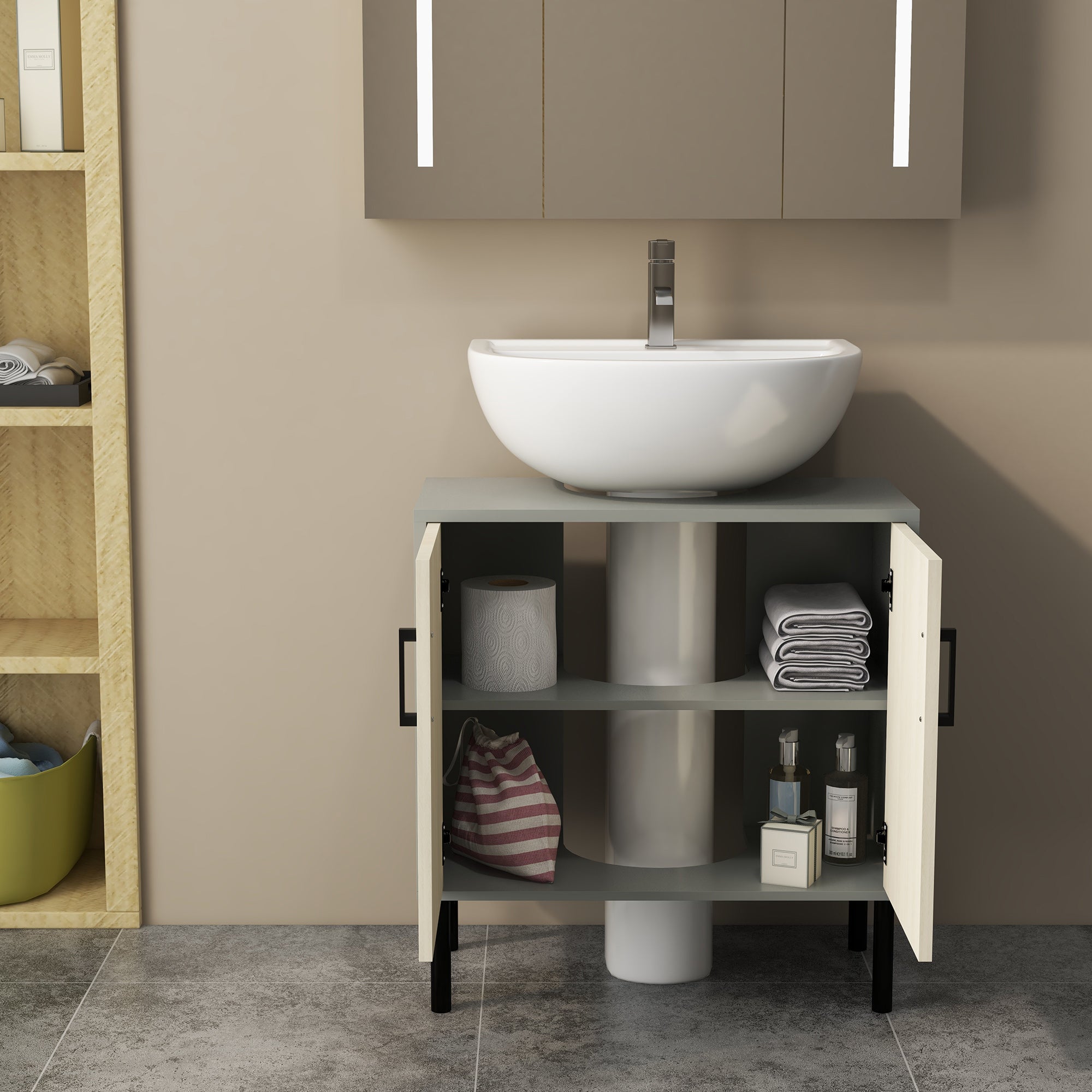 kleankin Under Sink Cabinet, Bathroom Vanity Unit, Storage Cupboard with Double Doors and Storage Shelves, 60x30x60cm, Natural - North Peak Garden Furniture