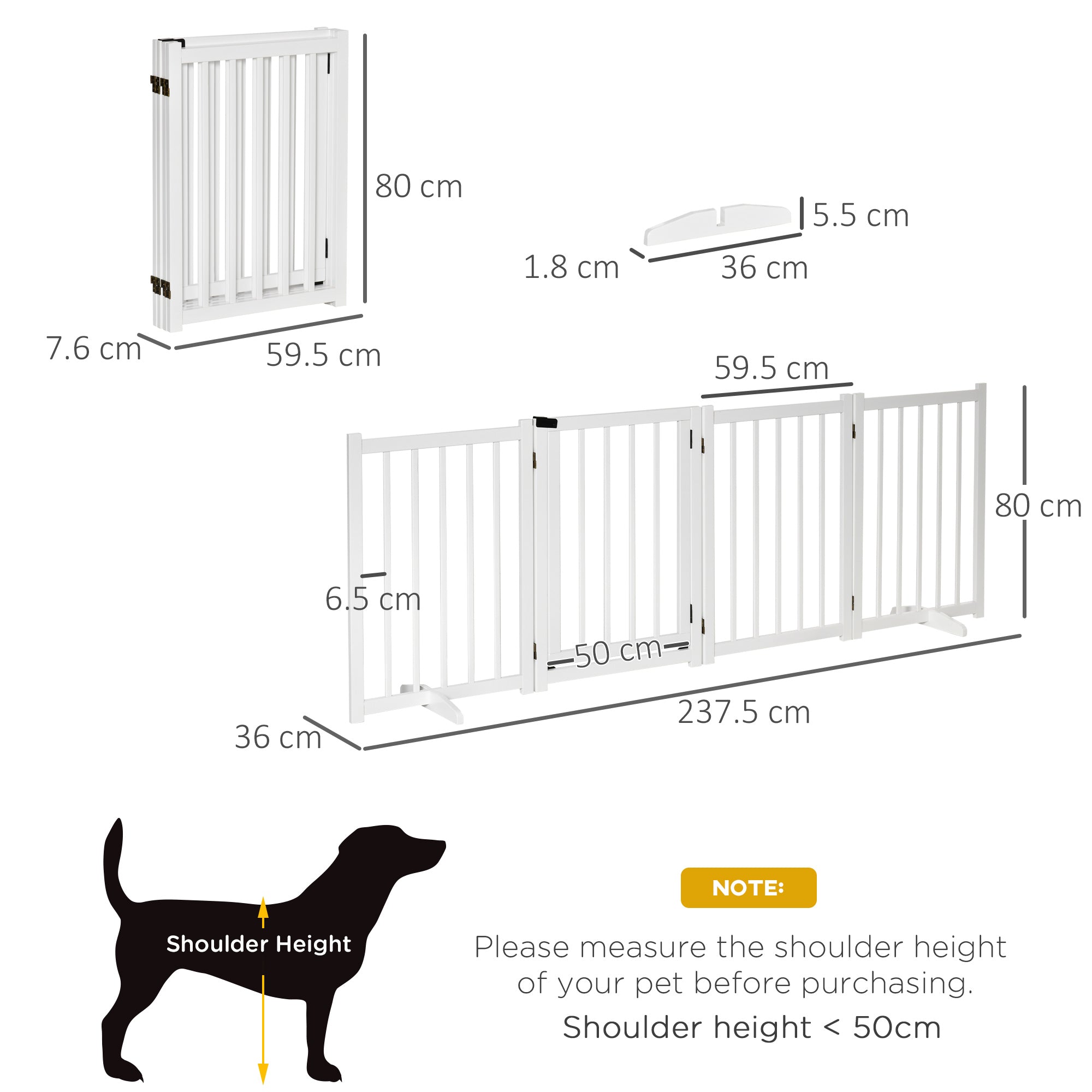 PawHut Freestanding Pet Gate for Small and Medium Dogs, Wooden Foldable Dog Safety Barrier with 4 Panels, 2 Support Feet, 80 cm Tall for Doorways, Stairs White