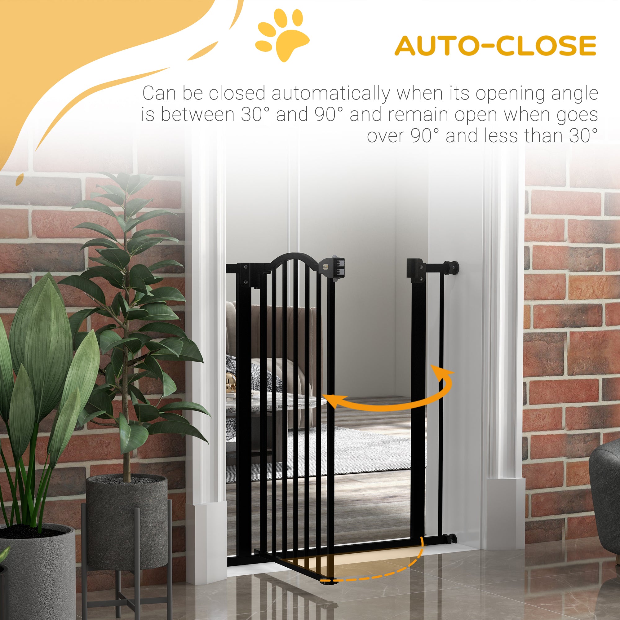 PawHut Metal 74-80cm Adjustable Pet Gate Safety Barrier w/ Auto-Close Door Black - North Peak Garden Furniture
