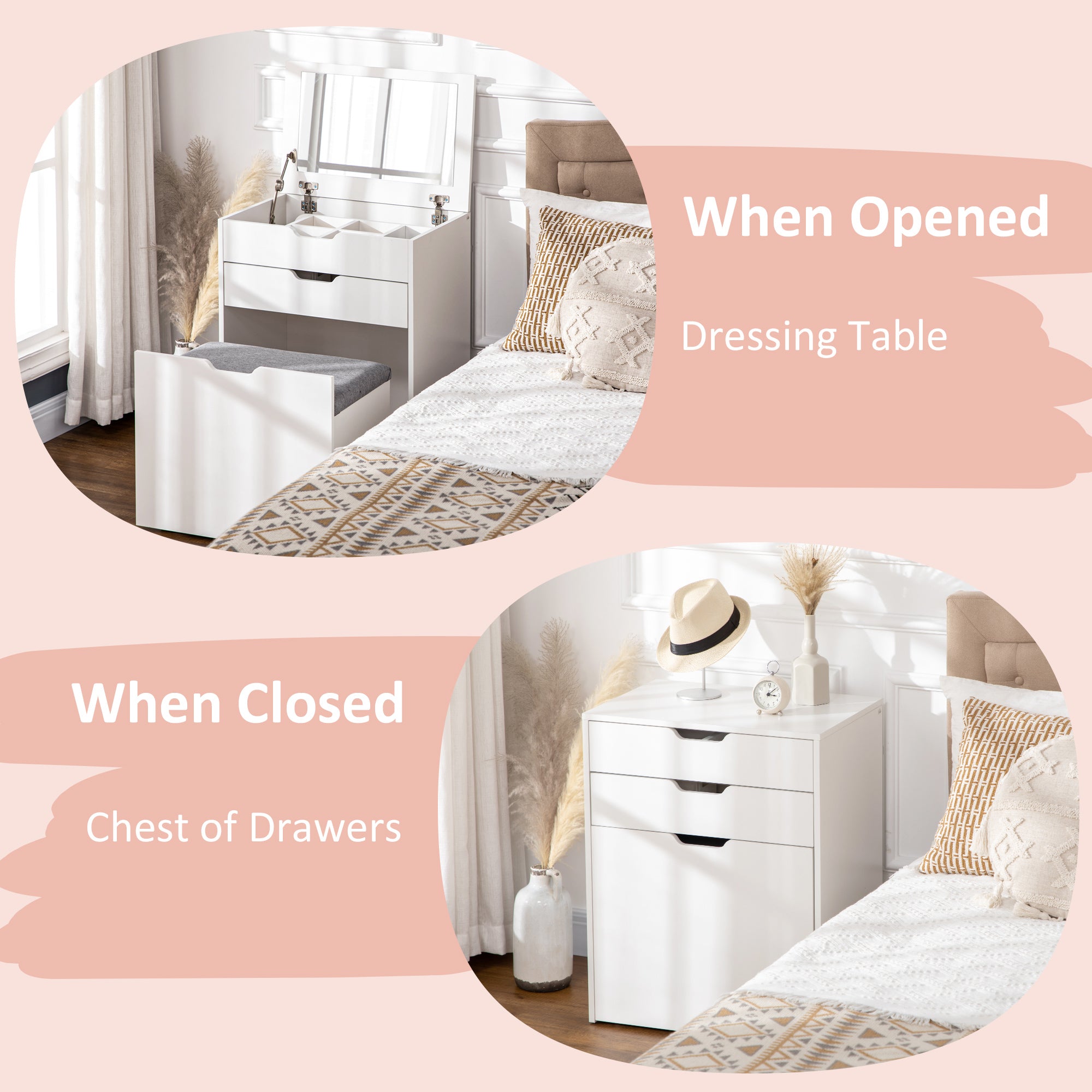 HOMCOM Dressing Table with Flip-up Mirror and Storage Stool, Vanity Table with Drawer and Hidden Compartments for Bedroom, Living Room, White