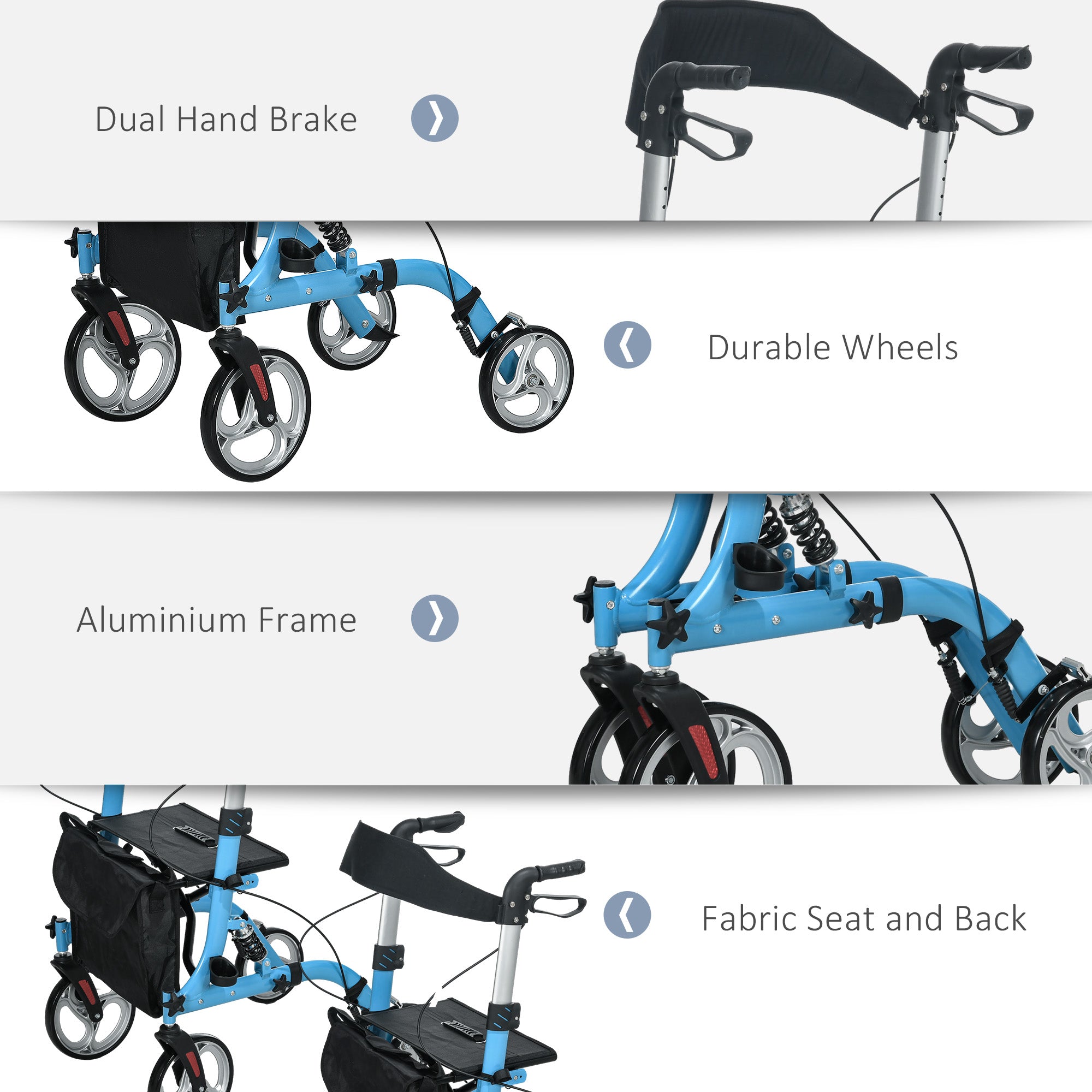 HOMCOM 4 Wheel Rollator with Seat and Back, Lightweight Folding Mobility Walker with Large Wheels, Carry Bag, Adjustable Height, Aluminium Walking Frame with Dual Brakes for Seniors, Blue - North Peak Garden Furniture