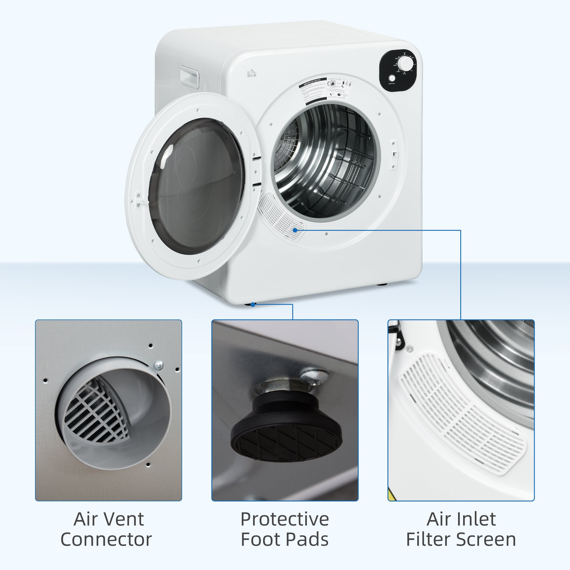 HOMCOM 6kg Vented Tumble Dryer, Freestanding, Wall Mounted, Stackable, Portable Dryer with 7 Programmers, White