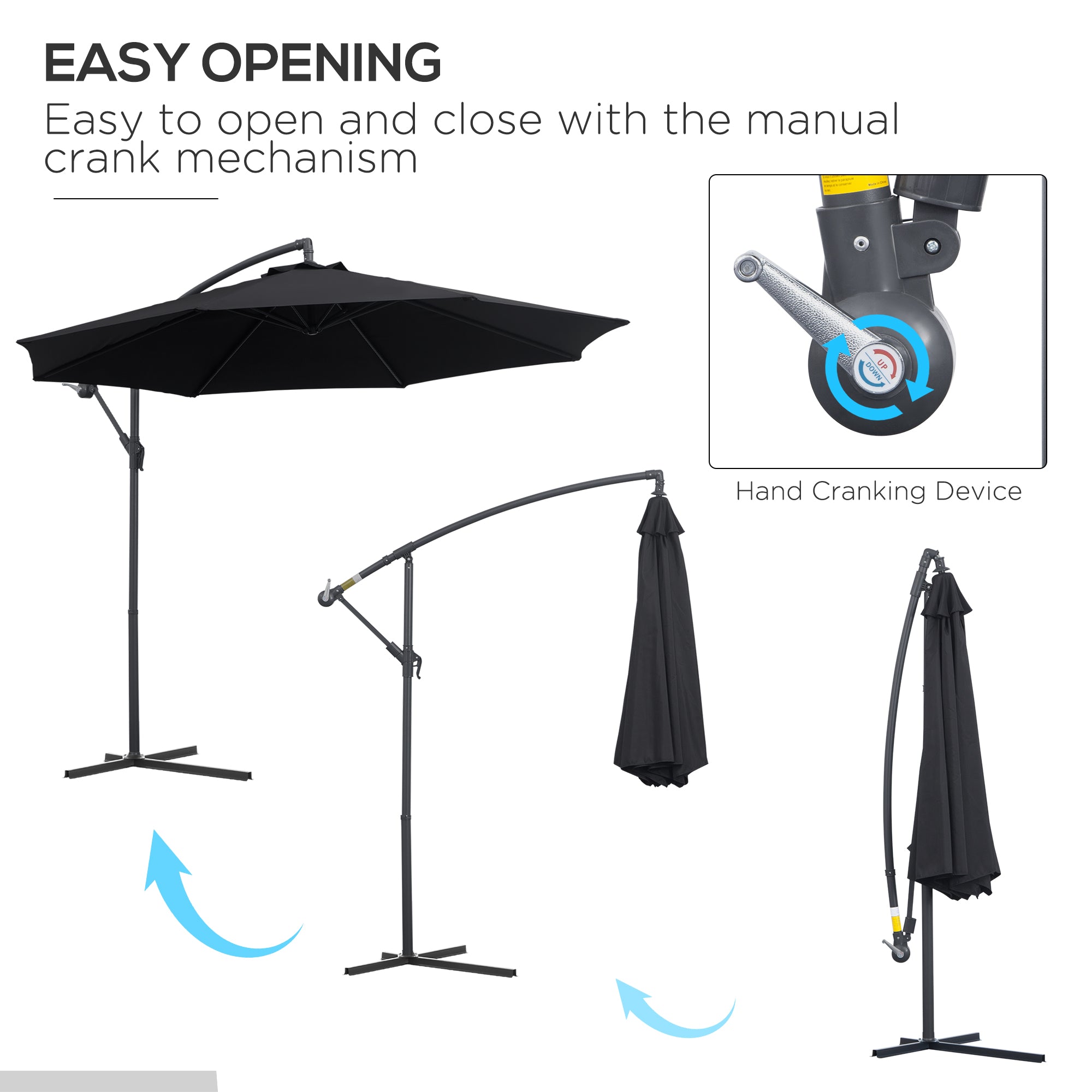 Outsunny 3(m) Garden Cantilever Parasol Patio Banana Hanging Umbrella Sun Shade with Crank & Tilt, 8 Ribs and Cross Base, Black