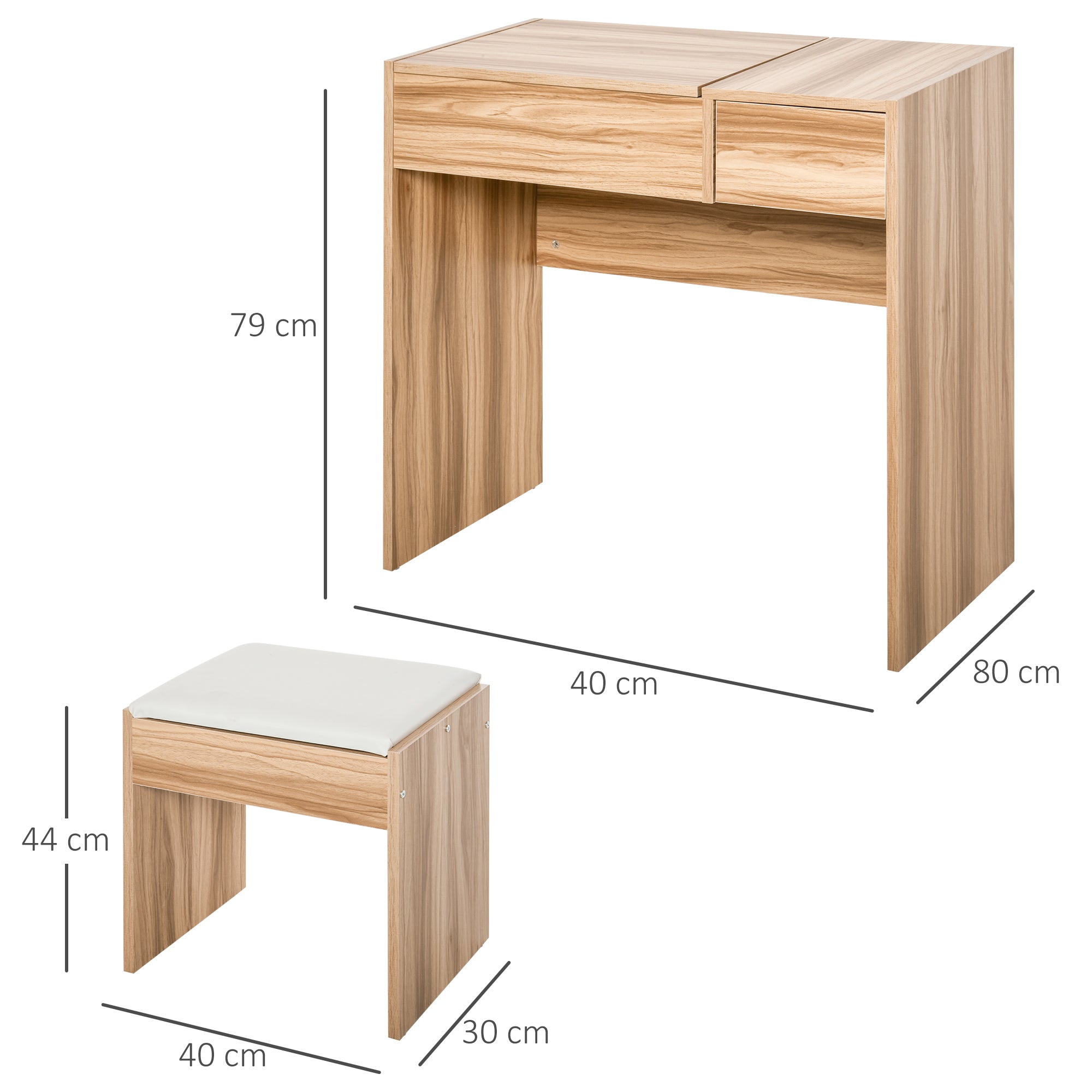 HOMCOM Makeup Desk with Drawer, Vanity Table Set with Flip-up Mirror and Cushioned Stool, Natural - North Peak Garden Furniture