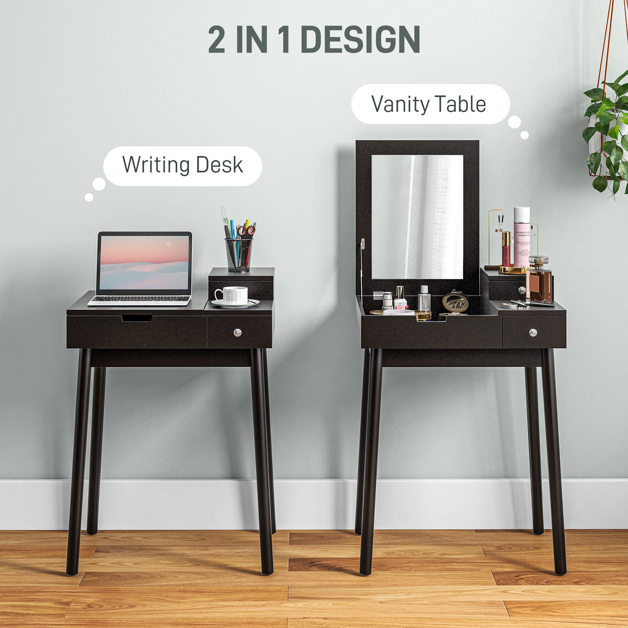 HOMCOM Dressing Table with Flip-up Mirror, Makeup Desk with 2 Drawers, Vanity Table Writing Desk for Bedroom Living Room, Black - North Peak Garden Furniture