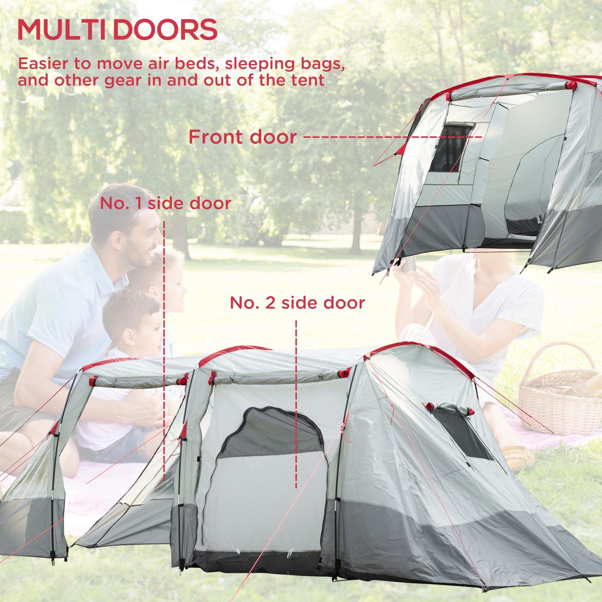 Outsunny 6-8 Person Tunnel Tent, Camping Tent with Bedroom, Living Room, Sewn-in Floor, 3 Doors and Carry Bag, 2000mm Water Column for Fishing, Hiking, Sports, and Traveling, Grey