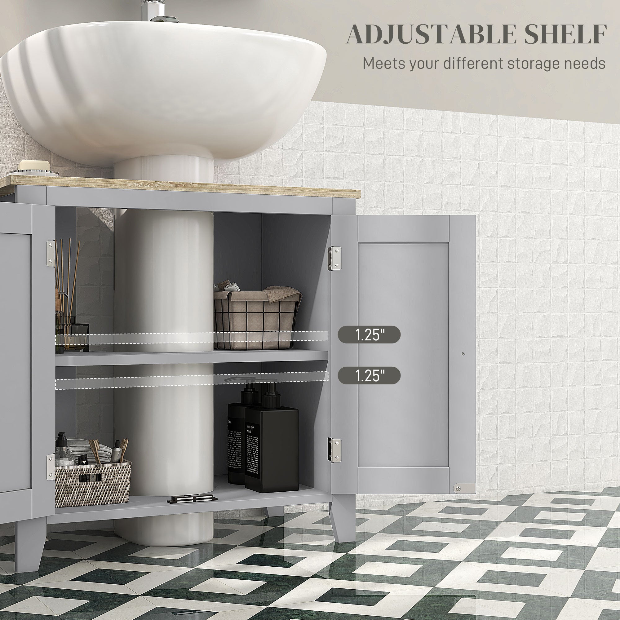 kleankin Under Sink Cabinet, Bathroom Sink Cabinet with 2 Doors, Pedestal Under Sink Design, Freestanding Bathroom Cupboard with Adjustable Shelf, Grey - North Peak Garden Furniture