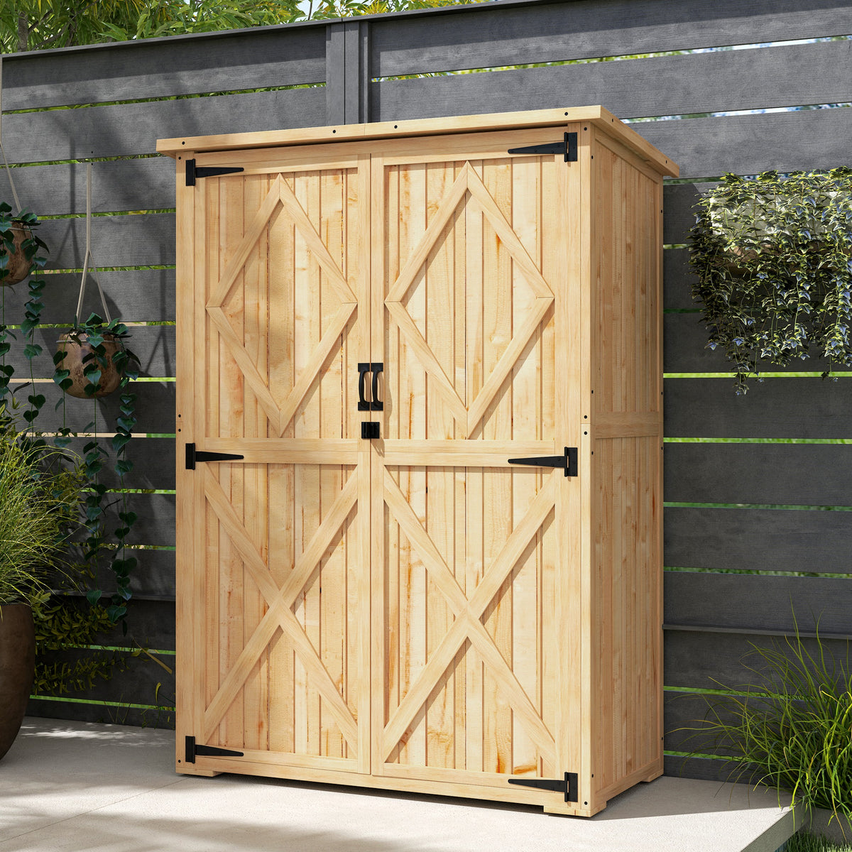 Outsunny Wooden Garden Storage Shed, Tool Storage Cabinet with Asphalt Roof and 2 Shelves for Garden Tools, Equipment, Outdoor Tool Shed with Double Doors, Natural