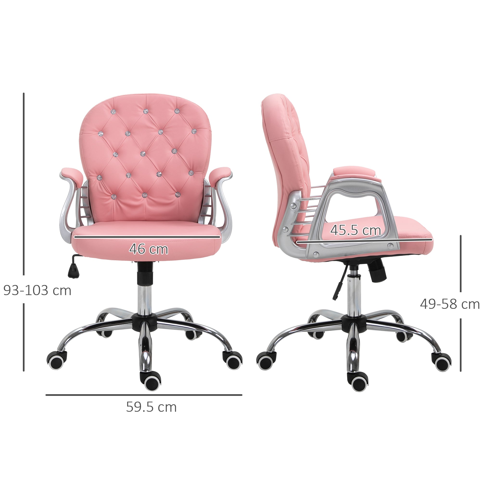 Vinsetto Office Chair Ergonomic 360° Swivel PU Diamante Padded Base 5 Castor Wheels for Home Work Pink - North Peak Garden Furniture