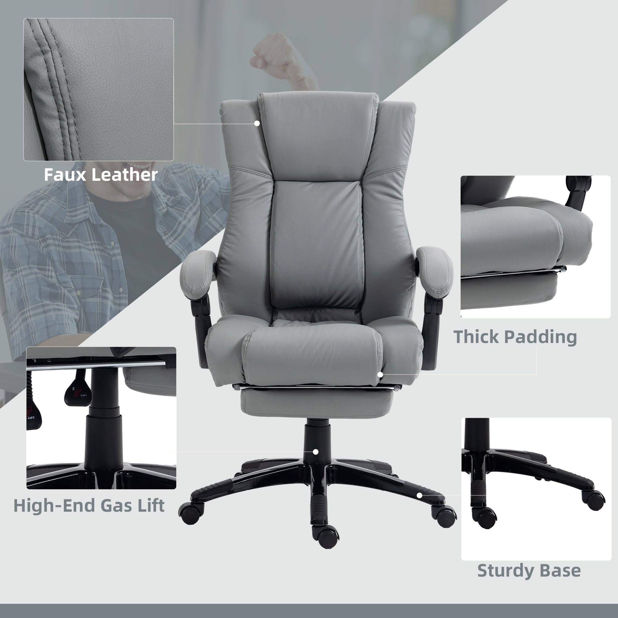 Vinsetto PU Leather Office Chair, Swivel Computer Chair with Footrest, Wheels, Adjustable Height, Grey - North Peak Garden Furniture