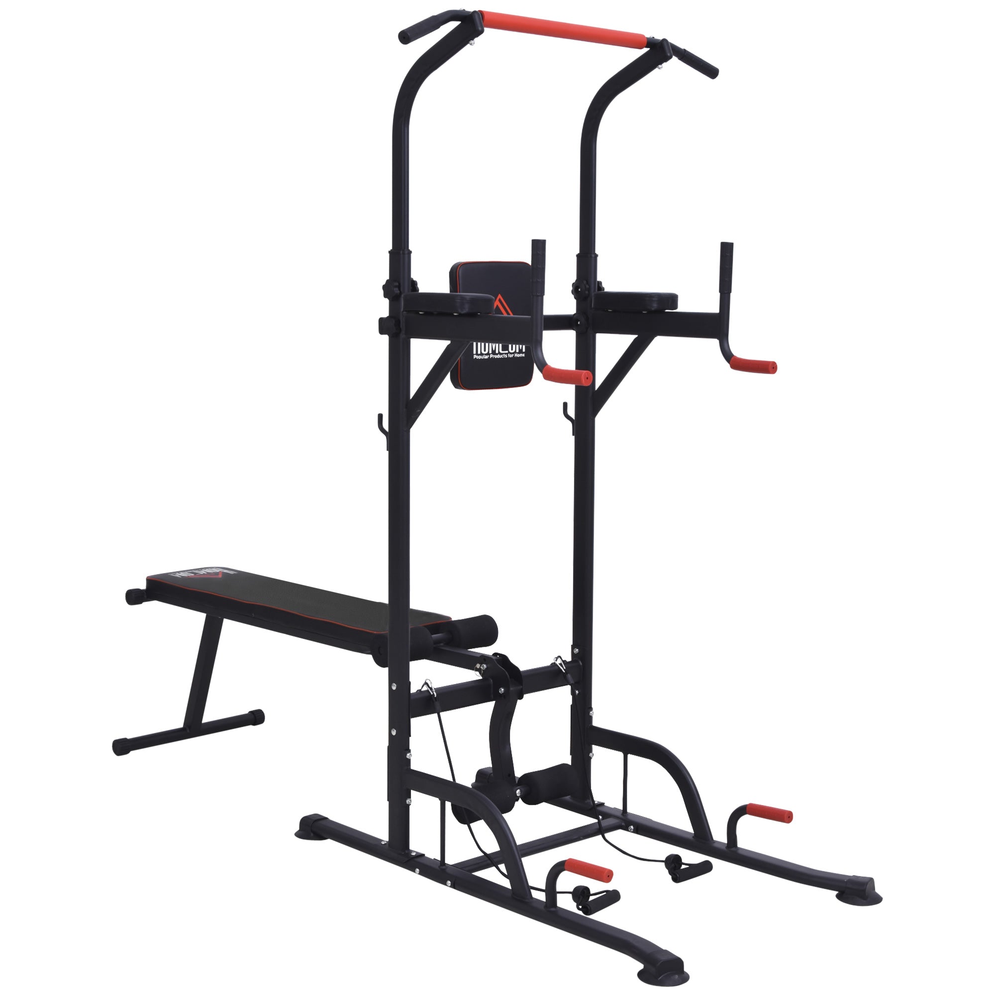 HOMCOM Multifunction Power Tower Home Workout Dip Station w/ Sit-up Bench Push-up Bars and Tension Ropes Fitness Equipment Office Gym Training - North Peak Garden Furniture