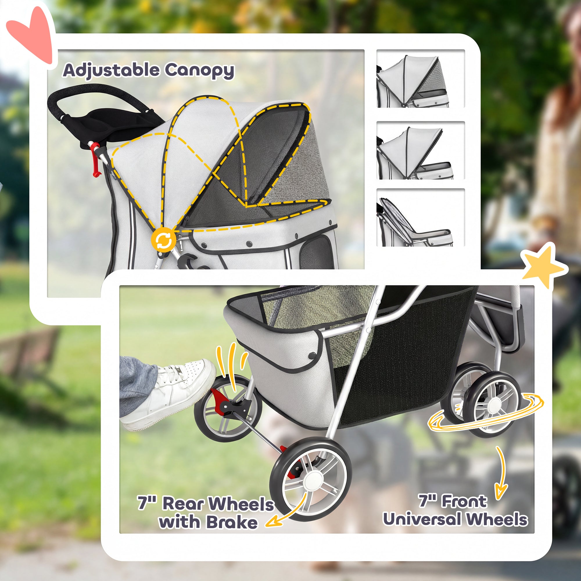 PawHut Dog Stroller, 3 Wheels Foldable Pet Stroller with Adjustable Canopy, Storage Basket for Small Mini Breeds, Grey