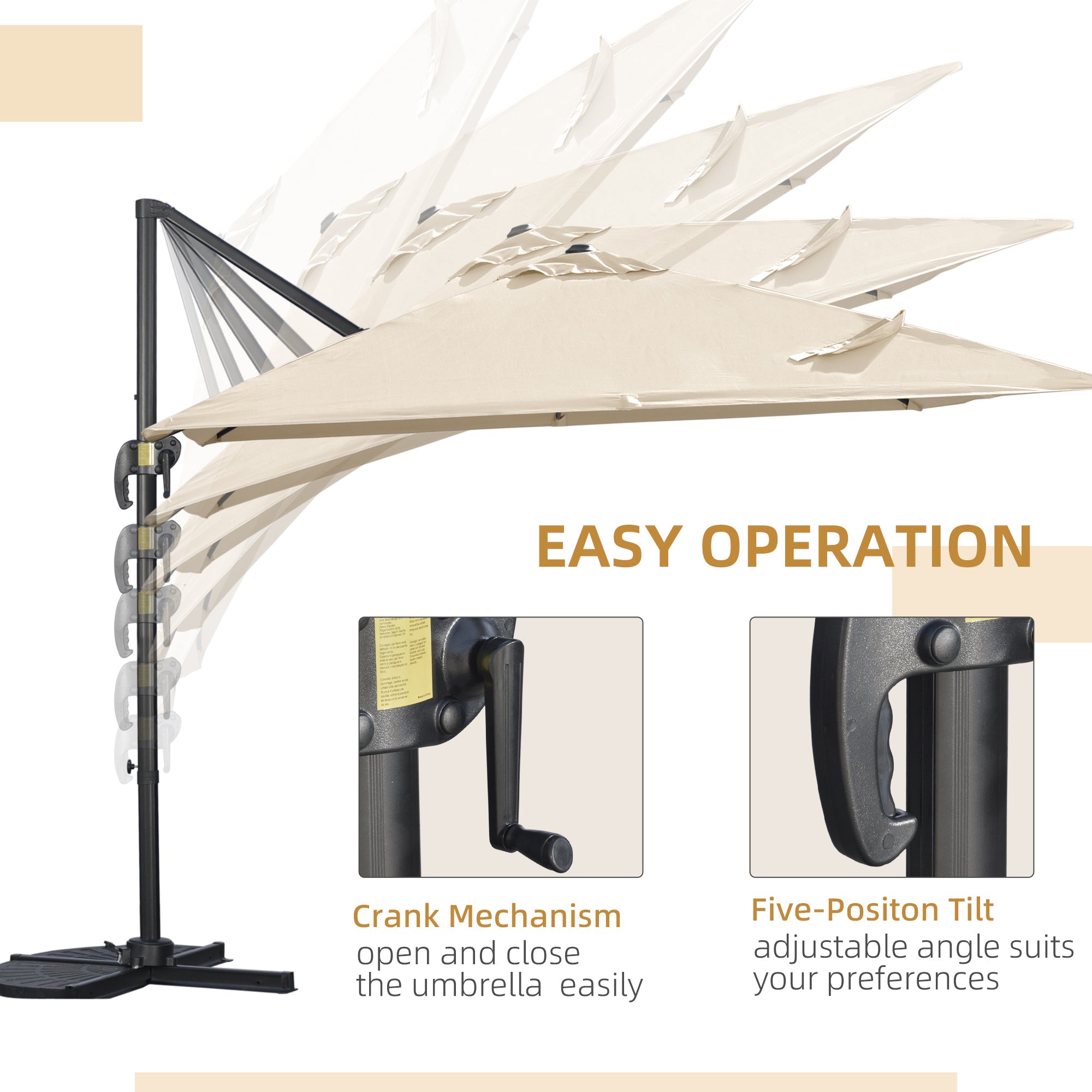 Outsunny 2.7 x 2.7 m Cantilever Parasol, Square Overhanging Umbrella with Cross Base, Crank Handle, Tilt, 360° Rotation and Aluminium Frame, Cream White - North Peak Garden Furniture