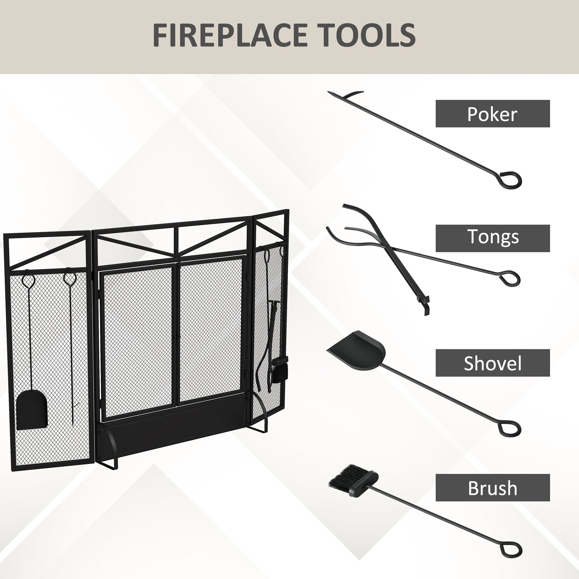 HOMCOM 3 Panel Folding Fire Guard Screen with Fireplace Tool Sets and Front Doors, Freestanding Fire Screen Spark Guard with Feet for Open Fire, Log Burner, Fireplace, 122 x77 cm, Black - North Peak Garden Furniture