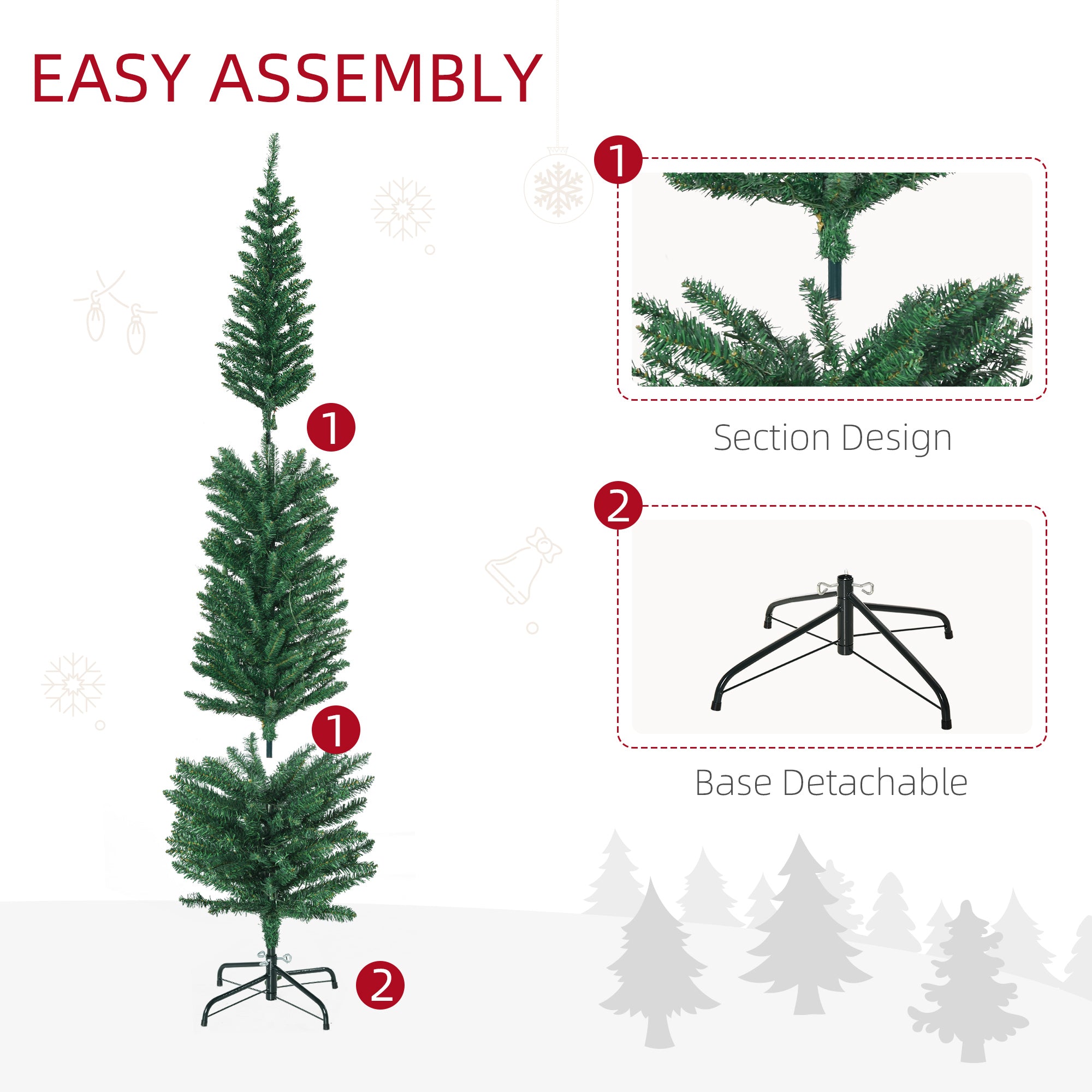 HOMCOM 6' Artificial Prelit Christmas Trees Holiday Décor with Colourful LED Lights, Pencil Shape, Steel Base